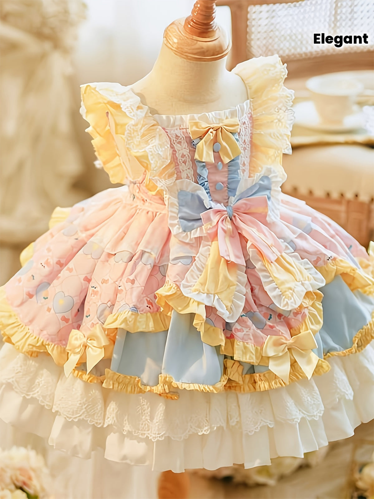 2025 Autumn New Arrival Princess Birthday Party dress - Pastel Pink & Yellow tutu gown, Flared lower half, Non-Stretchy fabric for Birthday, Photoshoots - Victorian-Style Floral Tulle Puffy Dress - Lace Trim Layered Skirt, Al