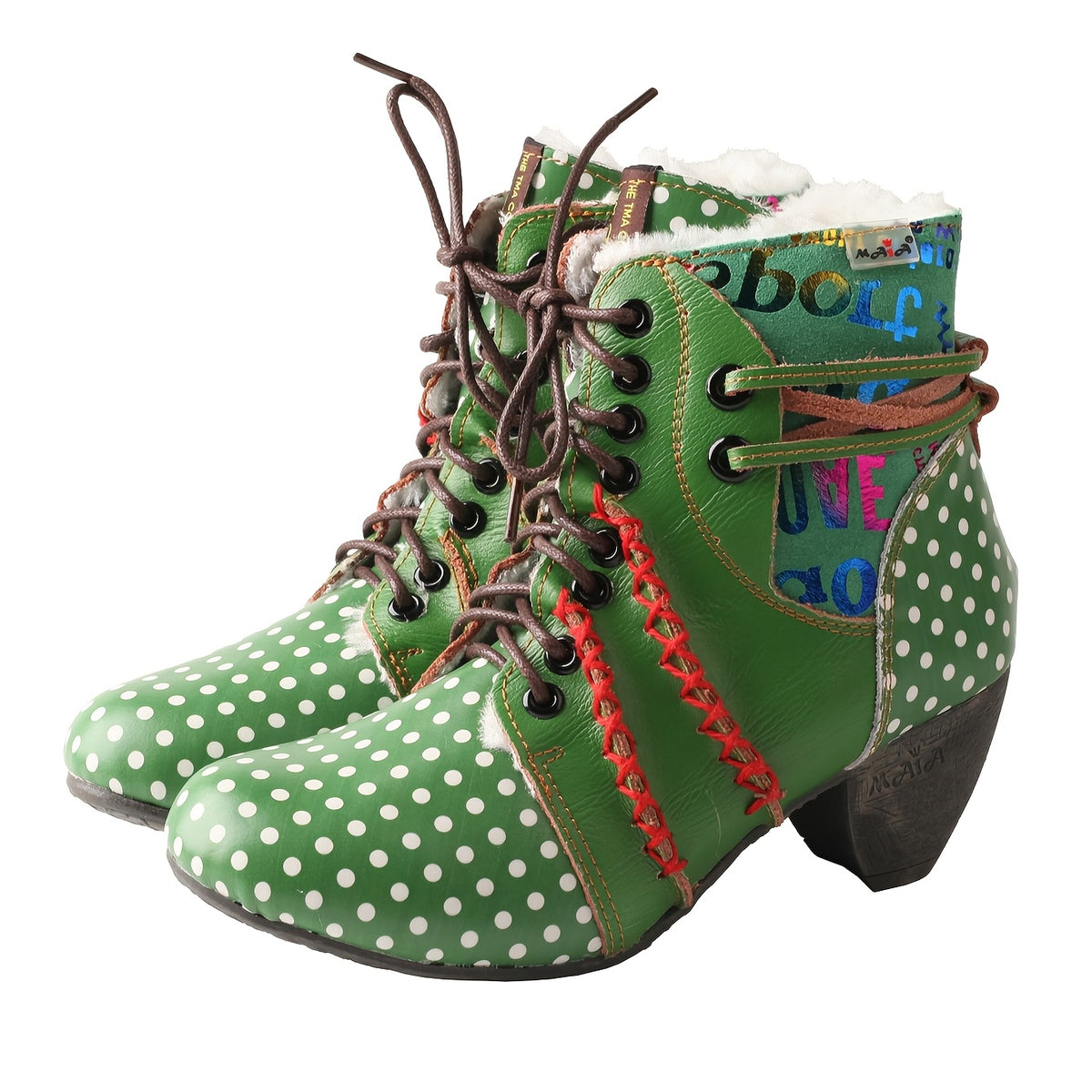 TMA EYES Polka Dot Leather Handmade Stitching Warm And Velvet Women'S Boots