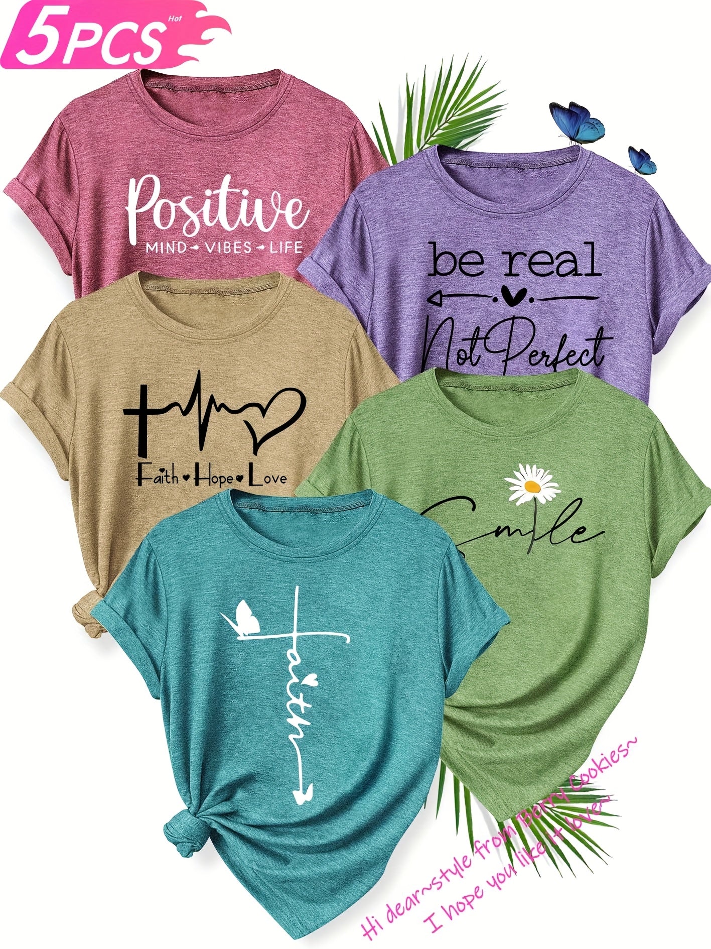 5pcs Women's T-Shirt Set, "Be Real" & "Smile" Inspirational Quotes, Heart & Flower Designs, Soft Polyester, Round Neck, Short Sleeve, Spring/Summer/Fall Casual Wear, Sizes S-XXL, Spring Summer Apparel, Playful Graphic Tees, M