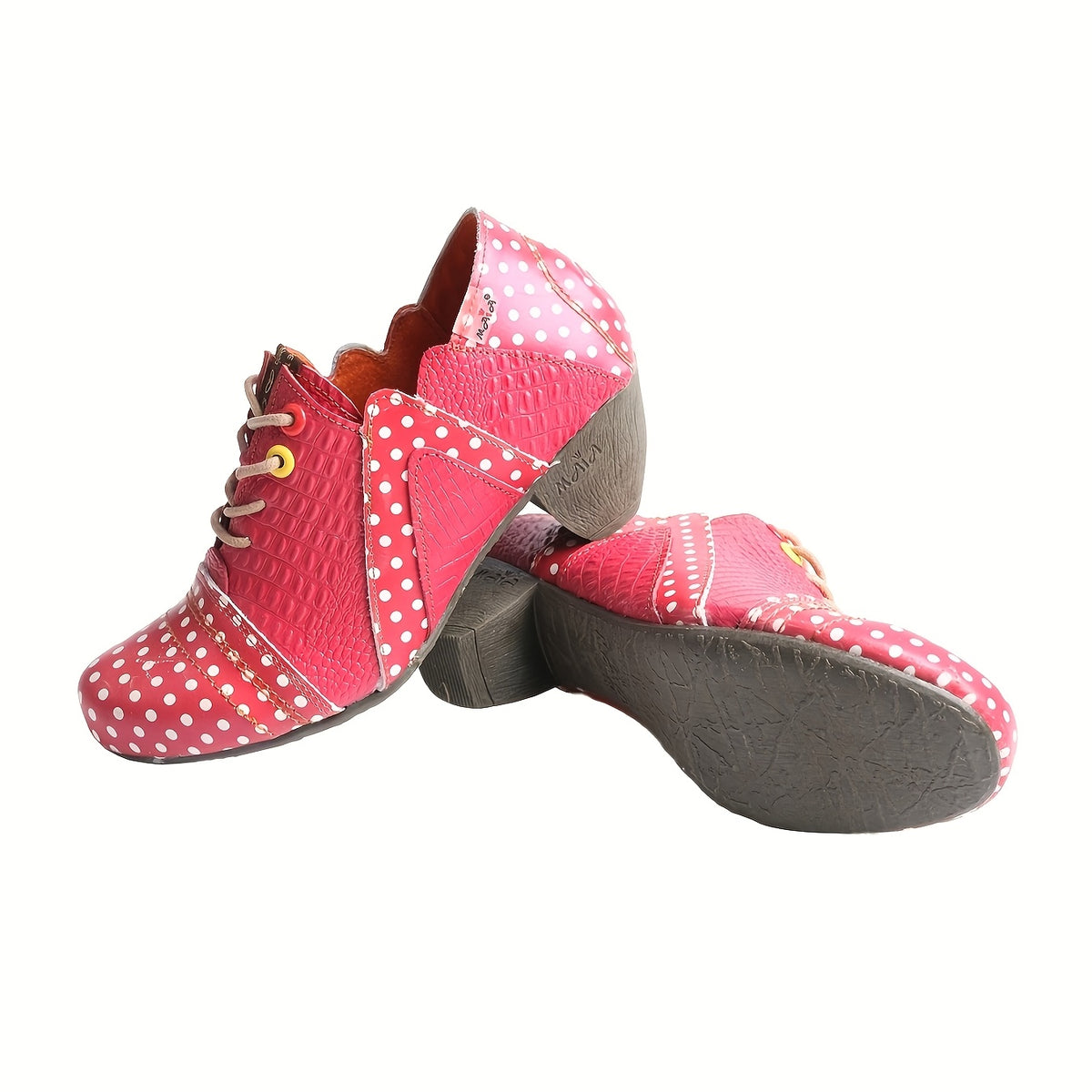 TMA EYES Women's Polka Dot Ankle Boots - Low Heel Lace-Up Anti-Slip Handmade Boots with Colorful Button Accents & Crocodile Texture, Second Layer Cover & TPR Sole, All-Season Versatile Casual to Dressy Footwear, Stylish Stree