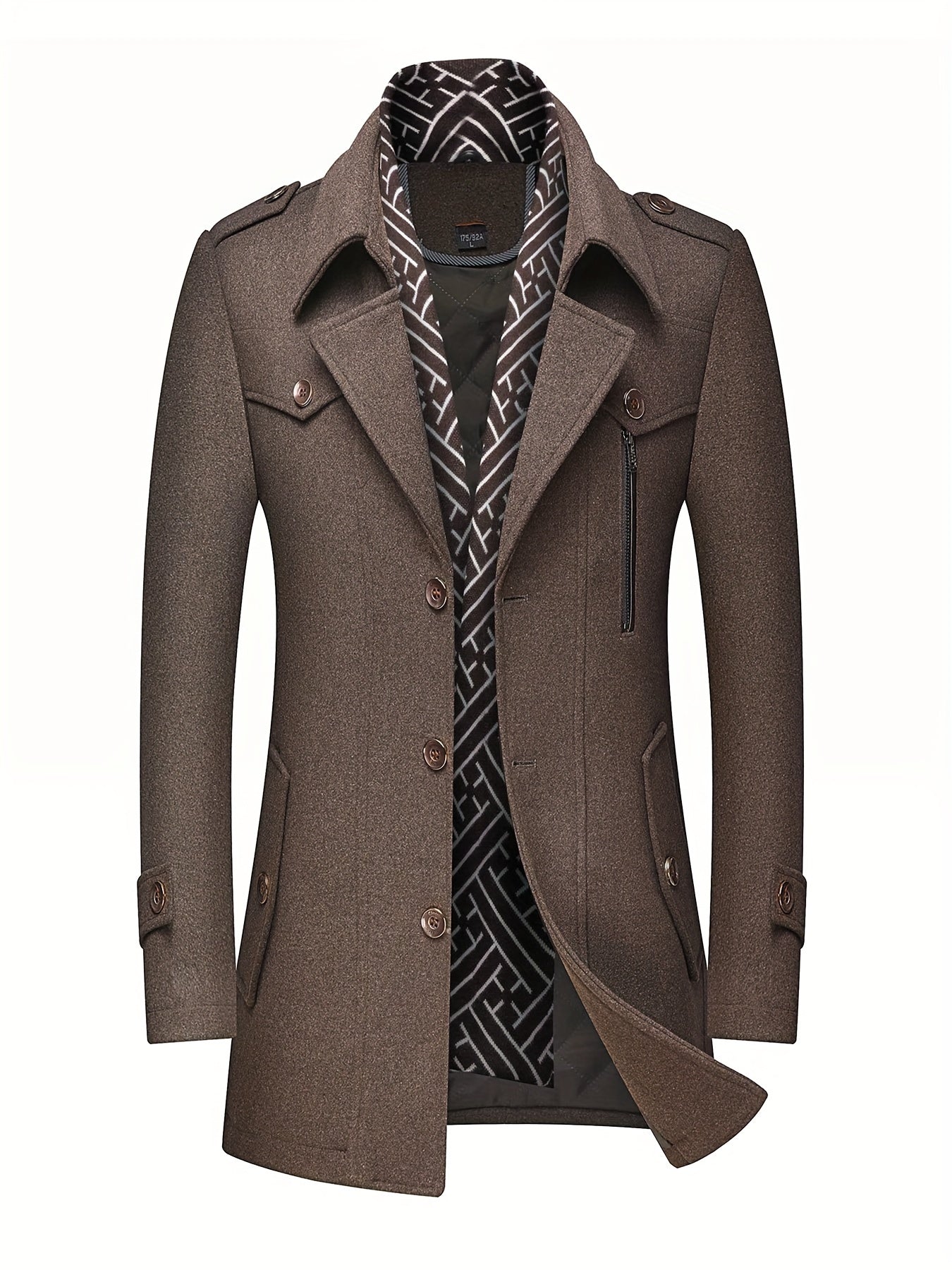 Men's Wool Blend Winter Coat with Detachable Scarf/Collars - Single-Breasted Trench Coat, Pocket & Durable - Warm Pea Jacket for Cold Weather, Casual & Formal Outfits (Hand Wash/Dry Clean)