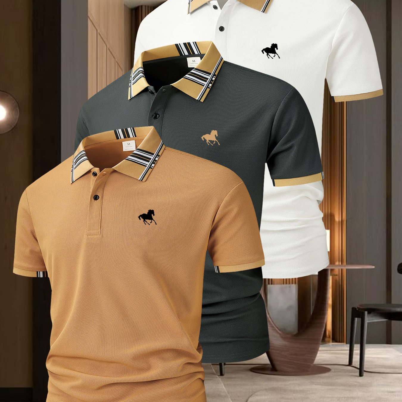 (AA046 Right Horse Racing Print Three-Piece Set) Milanese British Style Men'S Casual Short-Sleeved Shirt Popular Plaid Collar Golf Clothing Men'S Outdoor Sports Polo Shirt Lapel Polo Shirt Men'S Polo T-Shirt