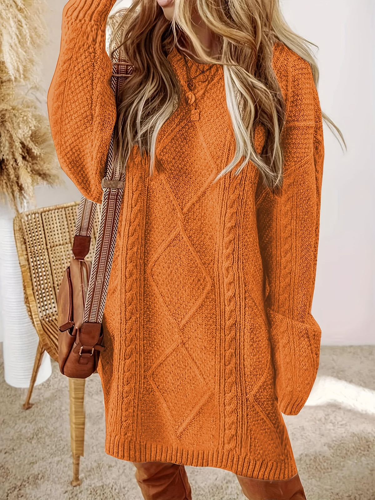 Plus Size, Beige Cable Sweater Dress - Oversized Slouchy Mid-Length Dress with Drop Shoulder, Cozy Winter Dress for Fall/Winter, Beige Cable Pattern Pullover, Elegant Casual to Dressy Wear