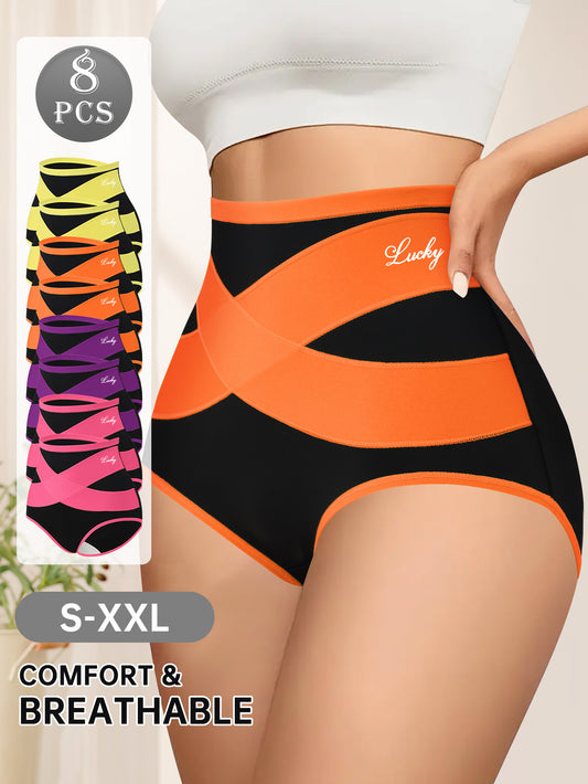 [High Waist Shaping Panties] 8pcs High Waist Women's Shaping Panties, Comfortable And Breathable Mesh Fabric, Cross Waistband Design, Wrapping Belly, Shaping Body, Polyester And Spandex Blend, Suitable for Home Daily Wear