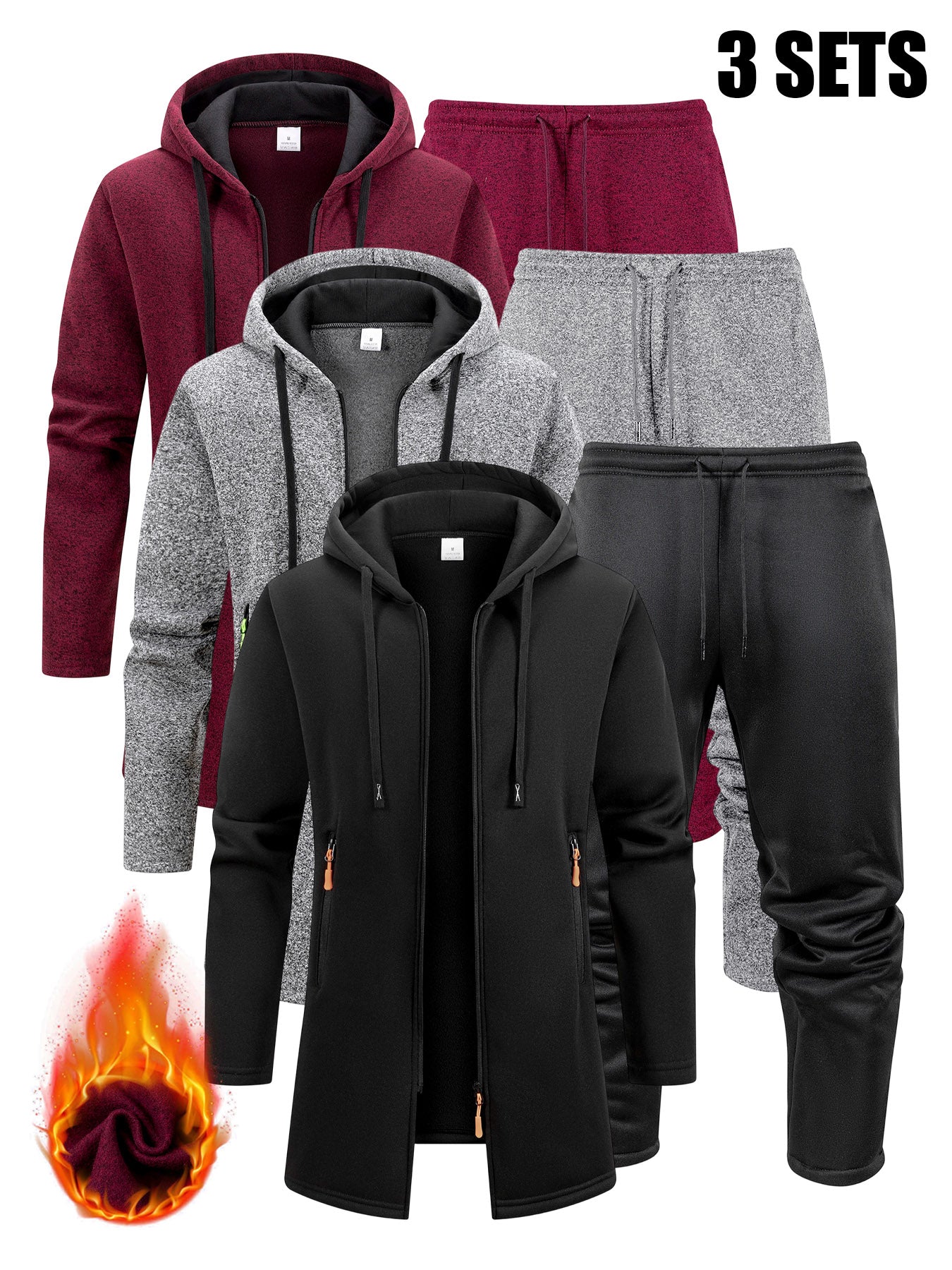 Three Interchangeable Korean-Style Casual Outfits for Men • Trendy Colors That Exude Sophistication • Comfortable And Warm Set Includes a Hooded Fleece Jacket • Drawstring Pants That Have Pockets