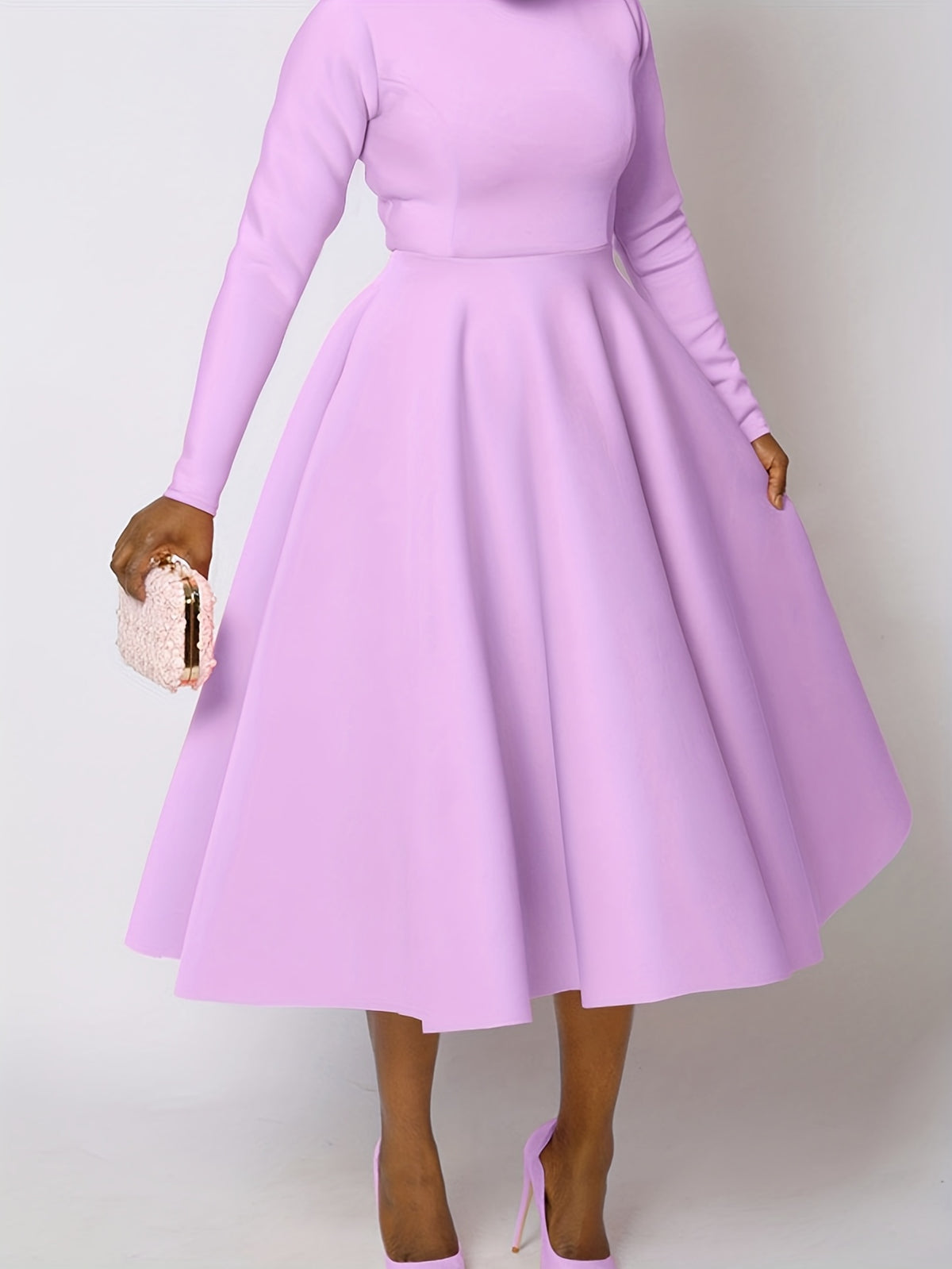 Plus Size - Plus Size, Women'S Elegant Long Sleeve A-Line Maxi Dress - Solid Emerald Green Round Neck Puff Sleeve Formal & Semi-Formal Winter Dress with Structured Waist, Floor-Length Flowing Skirt for Autumn/Winter, Casual t