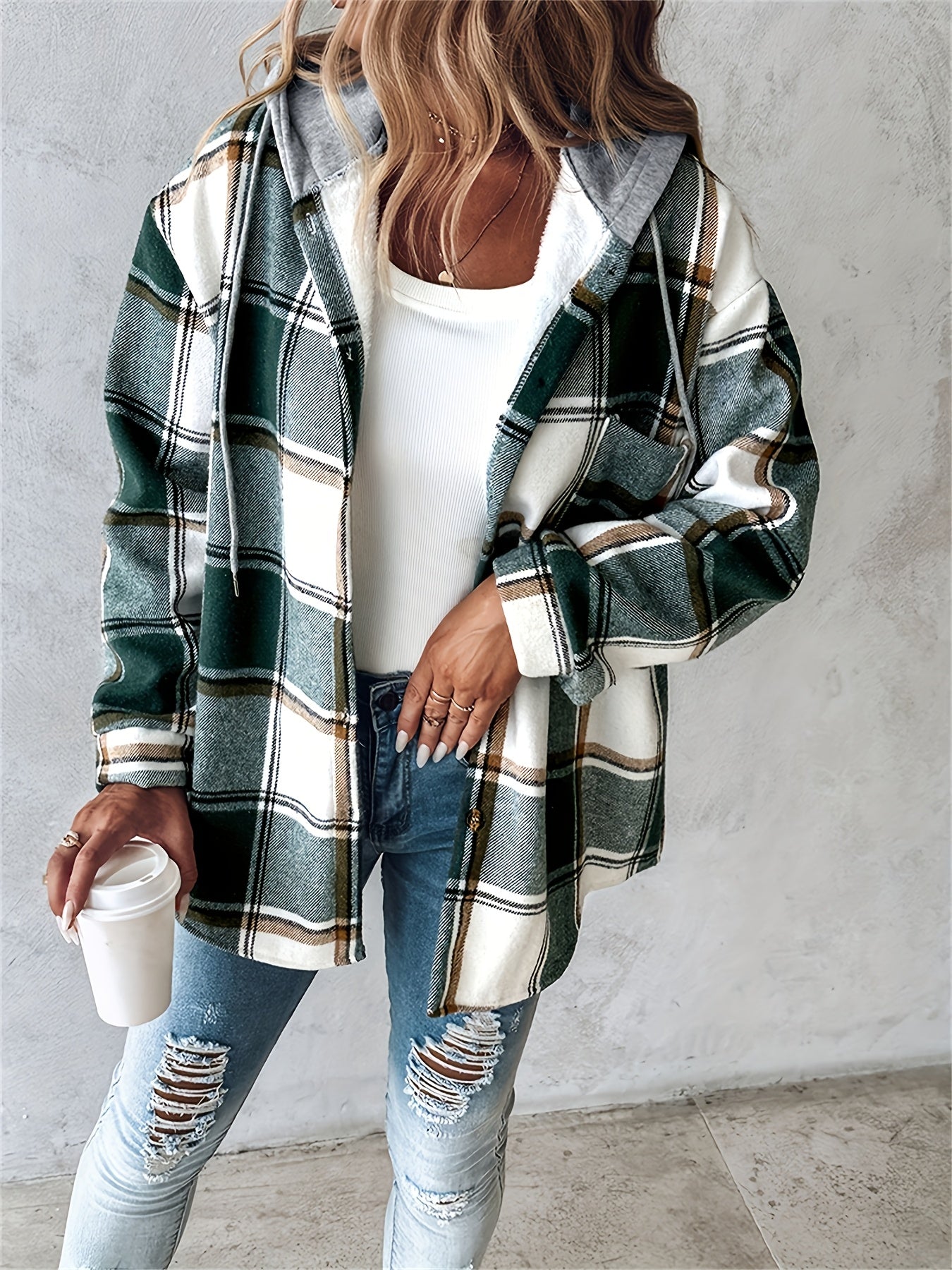 Women'S Oversized Checkered Jacket with Fleece Lining - Hooded Plaid Coat, Long Sleeve Casual Winter Spring Fall Outerwear, Brown/Black/Gray/Beige Tartan Pattern, Machine Washable Relaxed Fit Jacket for Everyday & Formal Outf