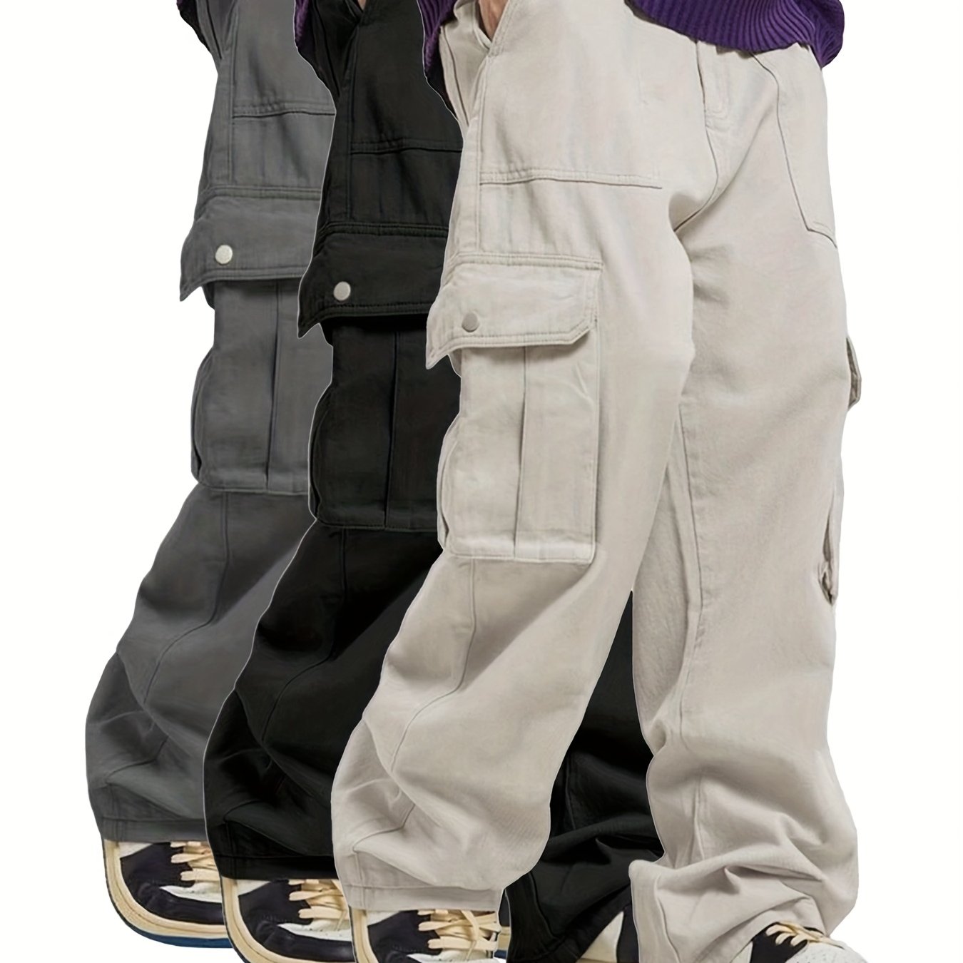 Men's casual multi-piece solid color fashionable multi-pocket cargo pants [Three-piece set]