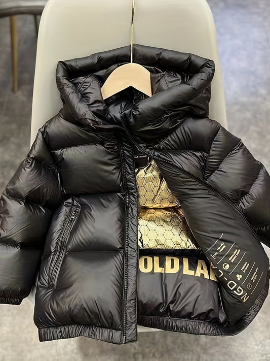 New 's Black and Golden Hooded Thickened Jacket, Stylish Unisex Autumn/Winter Warm Coat for, Winter Jacket for, Snow Suit, Snow Clothes, Long Snow Coat, Winter Clothes for, Seasonal Wear, Autumn Outerwear, Casual Winter Wear,