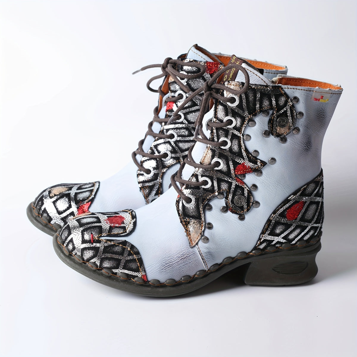 TMA EYES Women'S Western Style Low Heel Ankle Boots with Lace-Up Closure, Round Toe & Flat Sole - Genuine Leather Upper, TPR Sole, Black with Red & White Patchwork Design for Casual & Travel, Cowgirl Boots