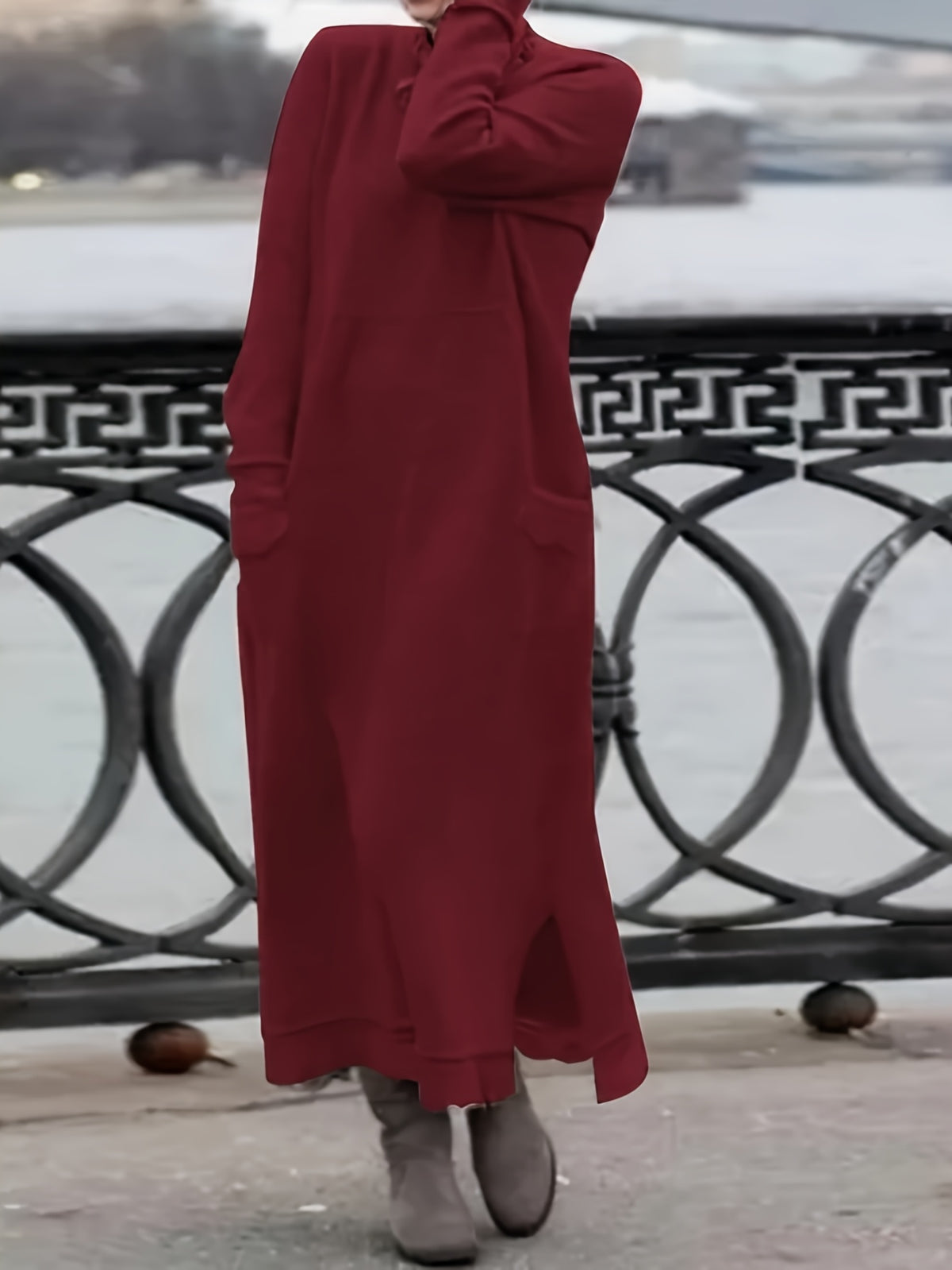 Plus Size, 2025 Autumn New Women's Loose Fit Plus-Size Lace Long Skirt with Velvet Hoodie - Casual Round Neck Long Sleeve Solid Color Dress, Pockets & Hand Wash/Dry Clean, Cozy Fall Winter Outfit