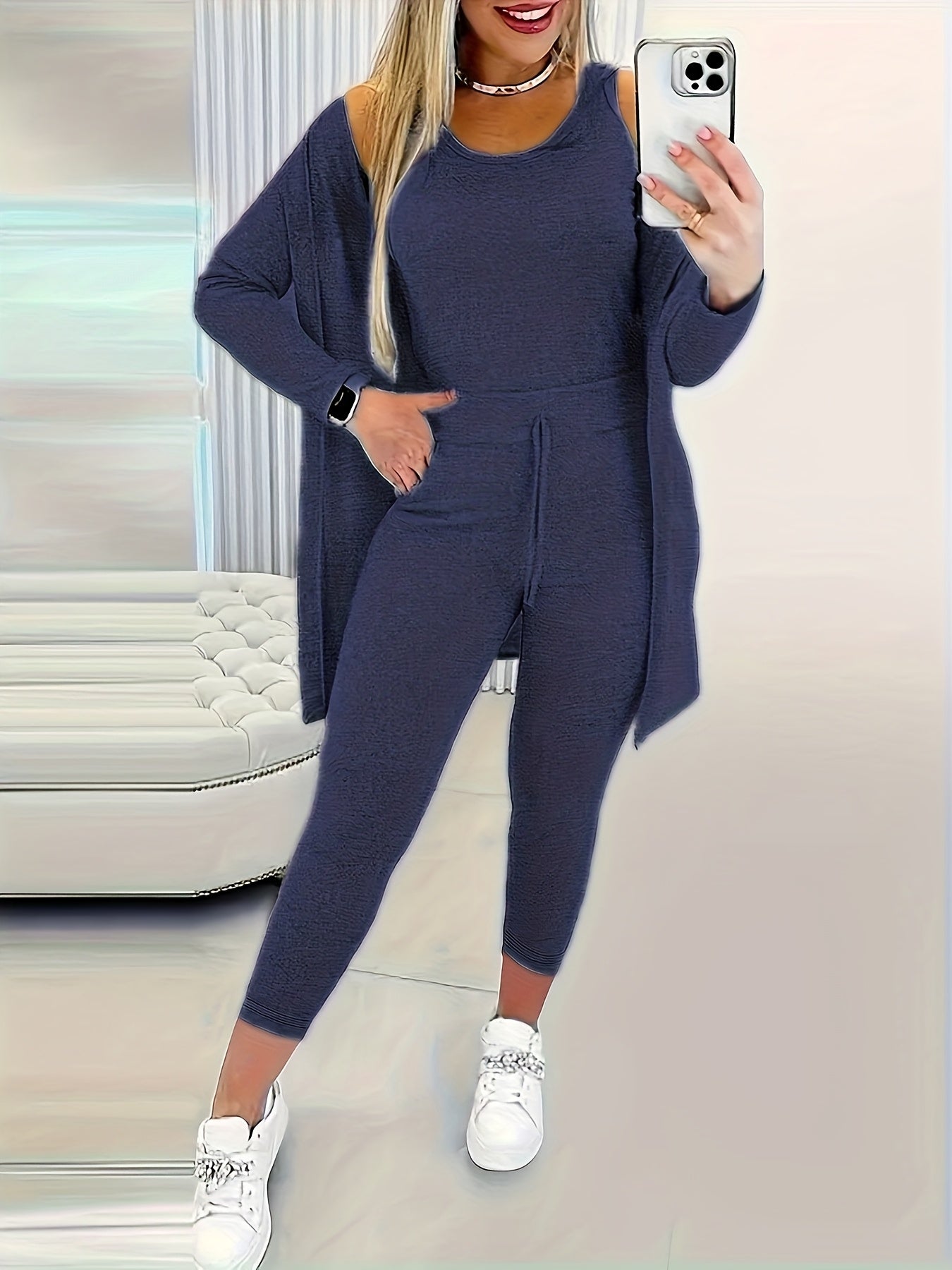 [Women's 3-Piece Set] Women's Fashion Three-Piece Set - Solid Color Long-Sleeved Long Pants Suspender Home Wear Set