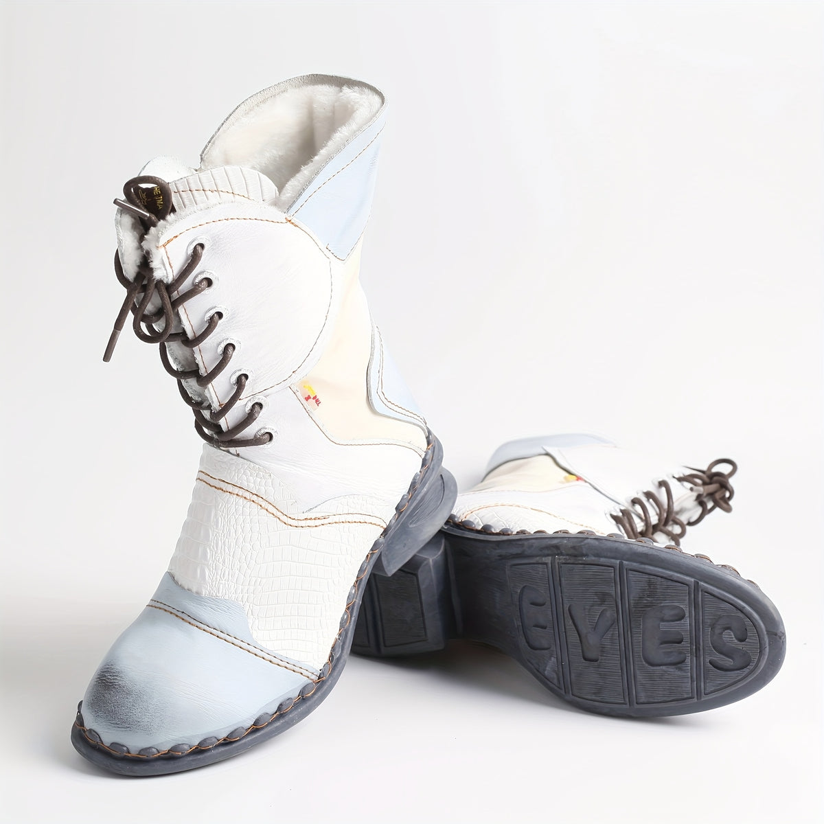 TMA EYES Women's Stylish Winter Calf Boots - Warm, Anti-Slip, Mid-Chunky Heel with Side Zipper & Laces-Up Design, Two-Layer Cover Upper in White & Blue, Casual Thick Sole for Cold Weather