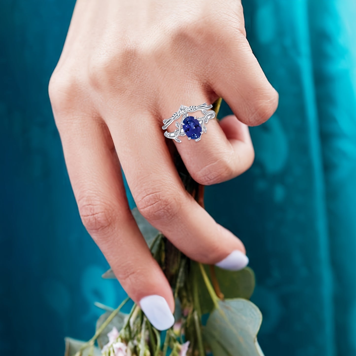 Natural Tanzanite Engagement Rings Set for Women 925 Sterling Silver Oval Shaped Tanzanite Leaf Ring Unique Bridal Wedding Rings