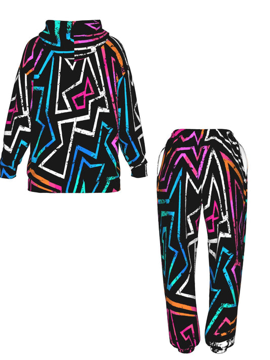 Women'S Full-Body Printed Hooded Sweatshirt & Jogger Pants Set - Neon Green/Blue/Pink/Purple/Black/White/Orange/Pink/Teal - Drawstring Waist Winter Warmth Athletic Outfit, Full-Zip Hoodie with Matching Joggers, Casual Gym & C