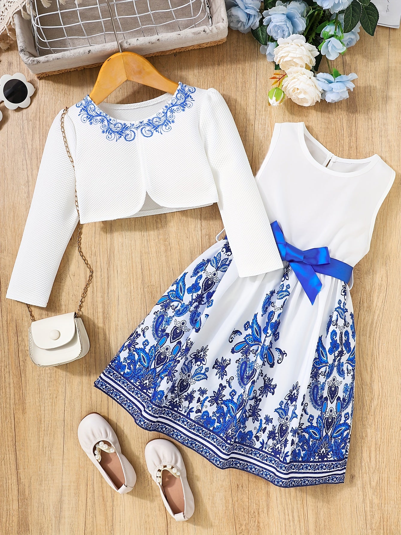 [Cute | Casual] 2pcs Cute Little Girl Butterfly Dresses | Floral Tank Dress And Graphic Cardigan Top Set | for Casual Look, Kids Clothing Gift