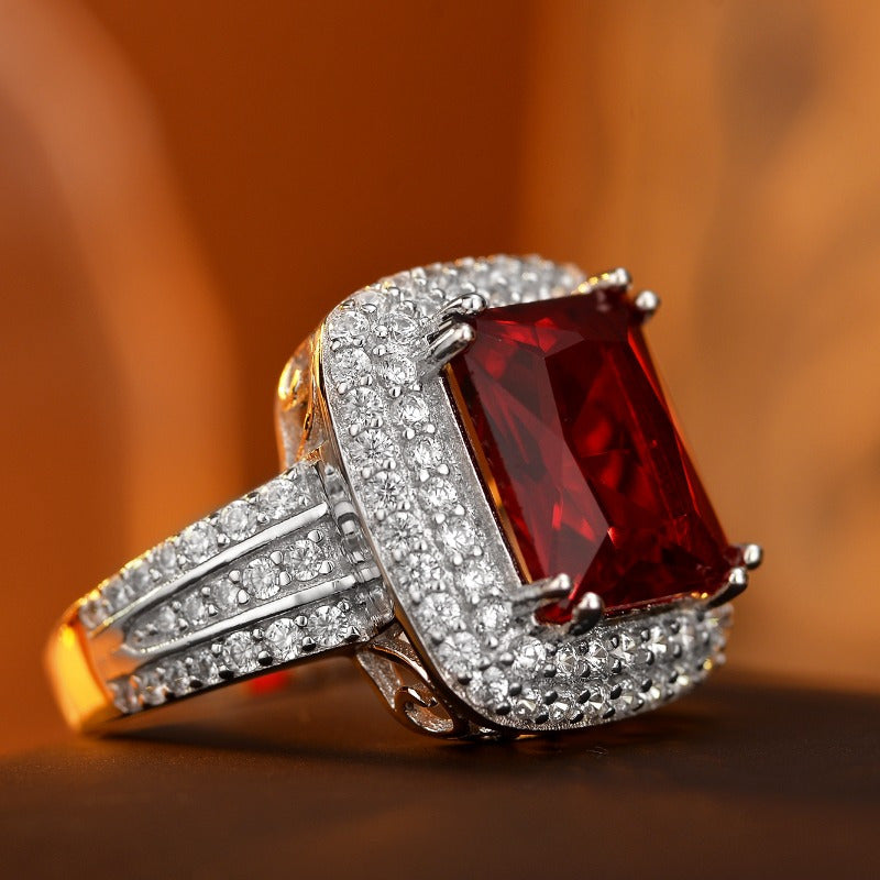 925 Sterling Silver Lady'S Ring, with Luxurious And Fashionable Design, Red Princess Square Cut, Set with 5A Zirconia Stones, Suitable for Daily Wear, Engagement Ring, Parties, As A Gift for Your Girlfriend