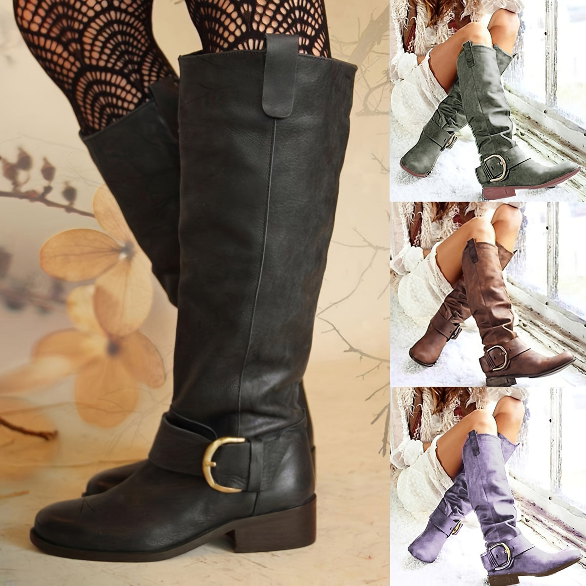 Women's Western Cowboy Boots - Chunky Low Block Heel Pull-On Knee-High Boots with PU Round Toe & Rubber Sole, Wide Widths (Size 11/12/13) - Cowgirl Riding Boots for Weddings, Rodeo, Casual Outfits -