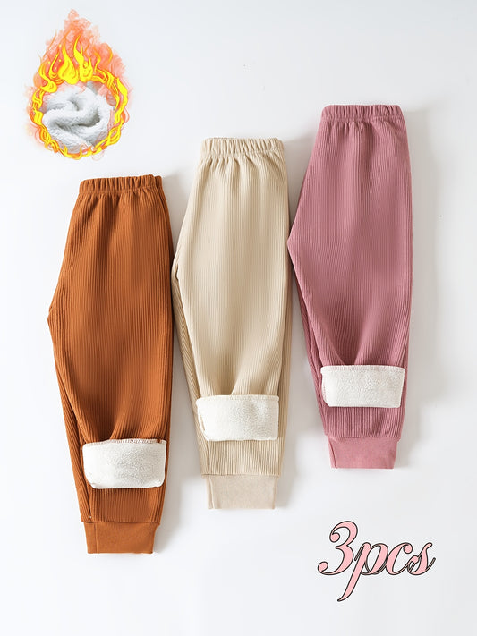 3pcs Girls' Thermal Long Pants, Striped + Fleece Knit Fabric for Autumn/Winter Outdoor Sports Multi-Pack, Autumn Wear, Cold Weather Clothing, Sporty Design, Casual Wear, Comfortable Fit, Soft Material, Thermal Leggings, Knit