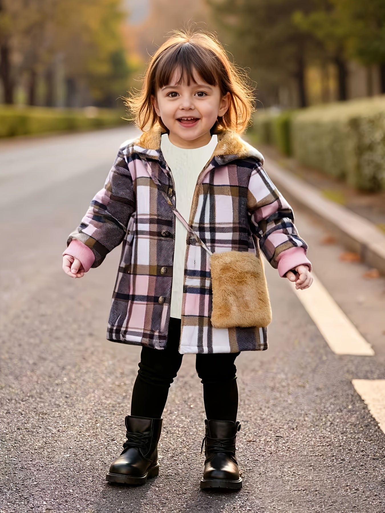 Girls' Plaid Fleece-Lined Hooded Jacket with Faux Fur Trim - Single-Breasted Button Front, Mid-Length Winter Coat for Autumn & Cold Weather, Machine Washable Casual Outerwear