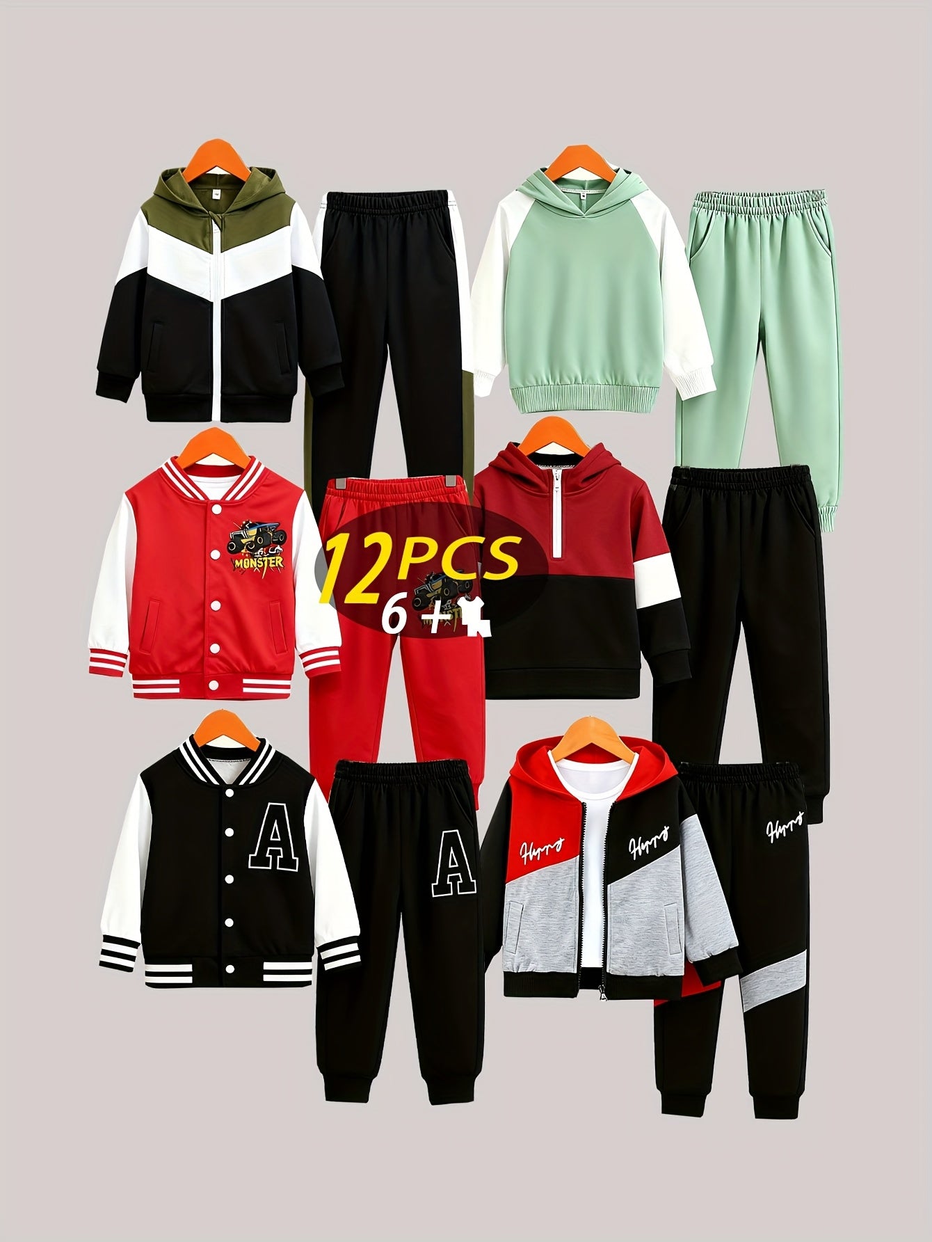 12pcs - Targeted Development New Year's Gift Autumn/Winter New Style Boys' Fashion Long Sleeved Pants Set Pattern Baseball Jacket Splicing Cool Printed Sports And Leisure Outdoor Set, Perfect for Outdoor