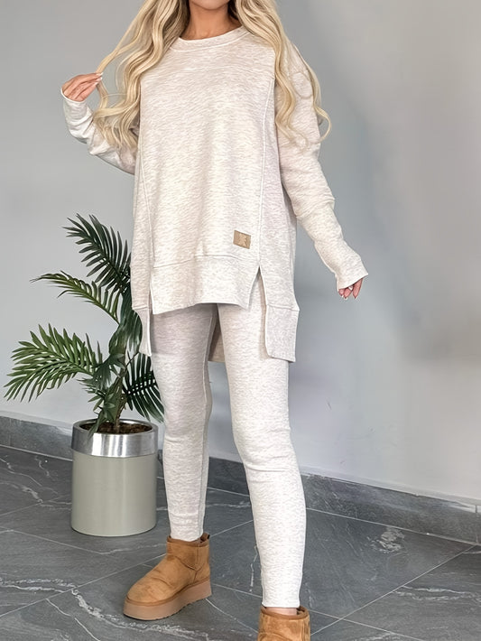 2pcs Women's Winter Sweater & Fleece Pants Set - Oversized Round Neck Slit Top & Cozy Brown -Compatible Pants, Beige/Brown Casual Outfit, Machine Washable Fall/Winter Clothes for, Office, or Weekend Wear (No Belt Needed)