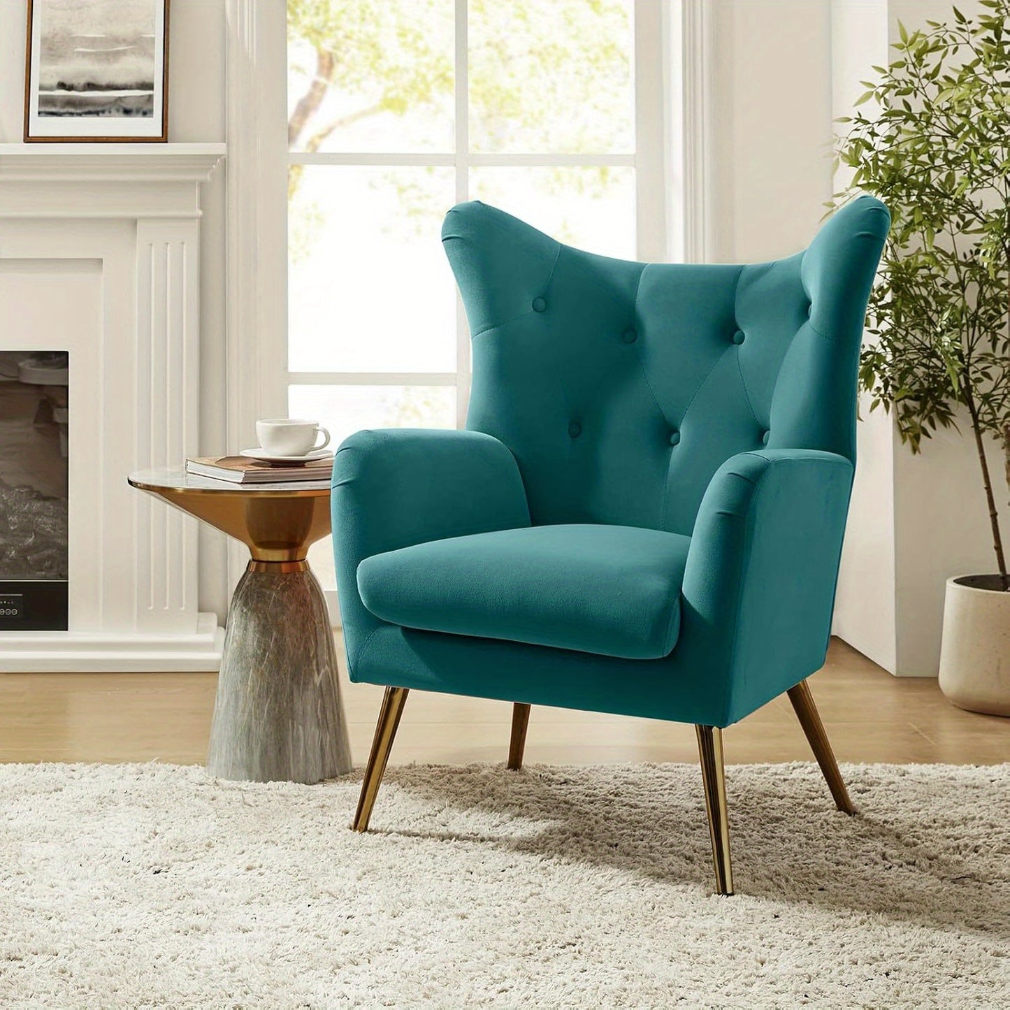 Modern Velvet Wingback Arm Chair with Golden Metal Legs - Tufted Upholstered Accent Chair in Blue/Yellow, Wood Frame, Perfect for Living Room, Bedroom, or Dining Room, Chair for Living Room