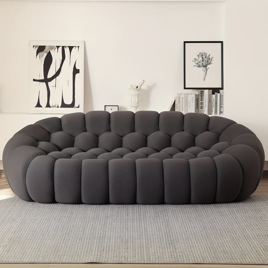 98'' Modern Upholstered Curved Sofa, 3 Seater Mesh Fabric Floor Sofa, 3D Honeycomb Shape Curved Couch for Living Room