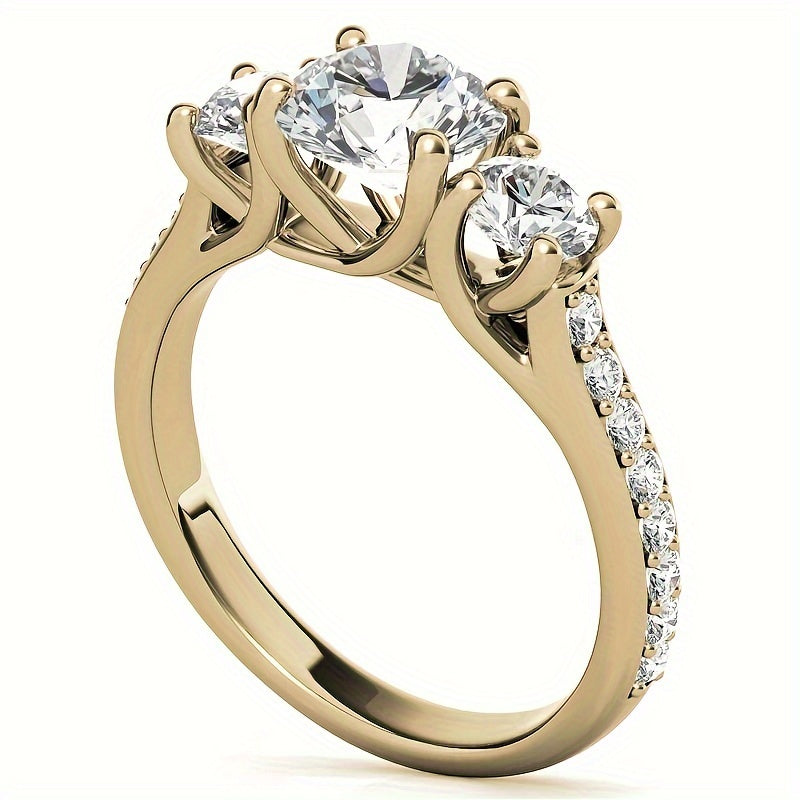 1pc Elegant 3-Stone Moissanite Engagement Ring for Women, 14K Golden Plated 925 Silver, Round Synthetic Stones, 4-Prong Setting, Ideal for Wedding & Valentine'S Day Gift