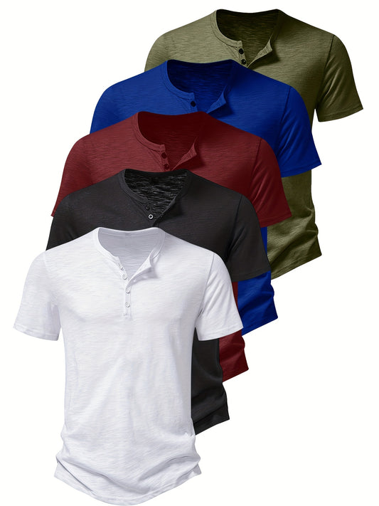 5pcs Set Men's Casual Stand Collar Henley T-shirt, Solid Color, Short Sleeves, Button Details, Breathable Fabric, Suitable for Outdoor Activities Such As Sports, Fitness, Running, And Fishing., Outdoor Activities Wear, Runnin