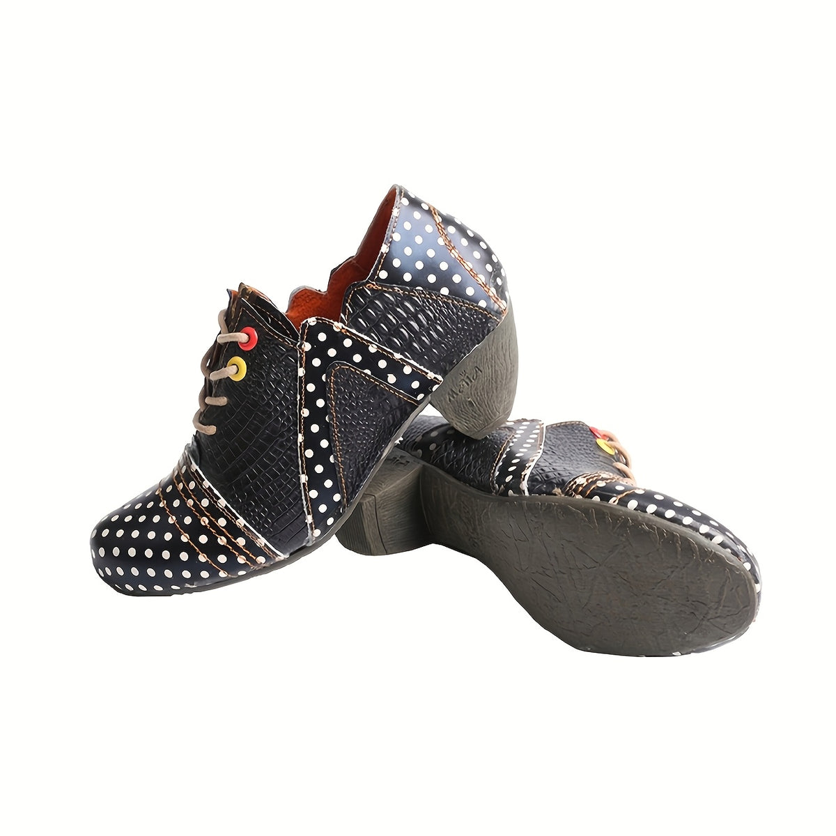 TMA EYES Women's Polka Dot Ankle Boots - Low Heel Lace-Up Anti-Slip Handmade Boots with Colorful Button Accents & Crocodile Texture, Second Layer Cover & TPR Sole, All-Season Versatile Casual to Dressy Footwear, Stylish Stree