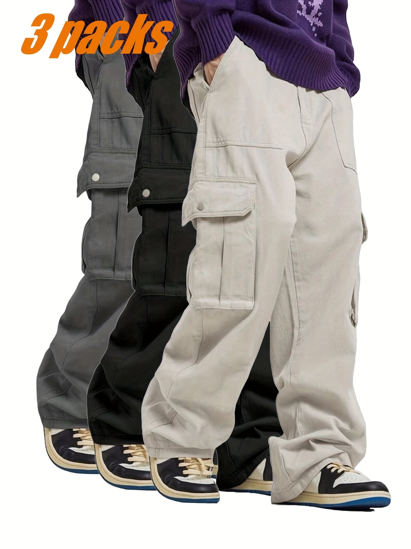 Men's casual multi-piece solid color fashionable multi-pocket cargo pants [Three-piece set]
