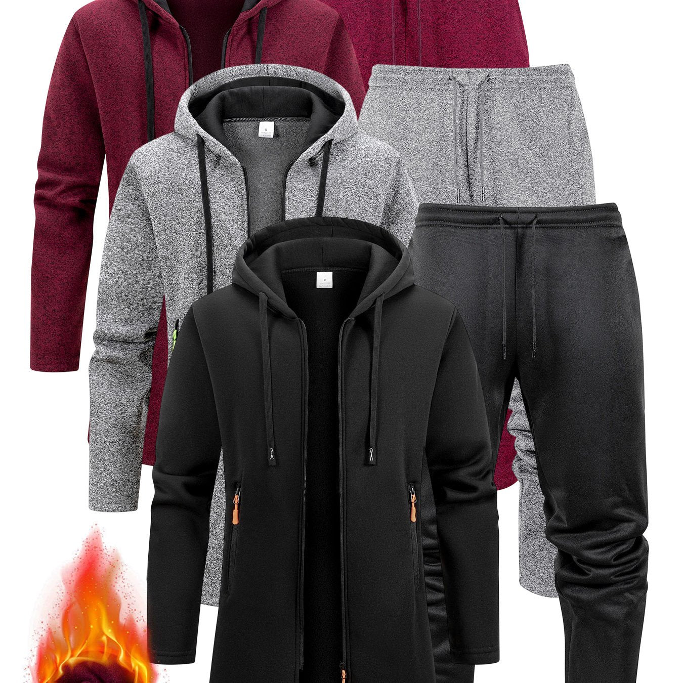 Three Interchangeable Korean-Style Casual Outfits for Men • Trendy Colors That Exude Sophistication • Comfortable And Warm Set Includes a Hooded Fleece Jacket • Drawstring Pants That Have Pockets
