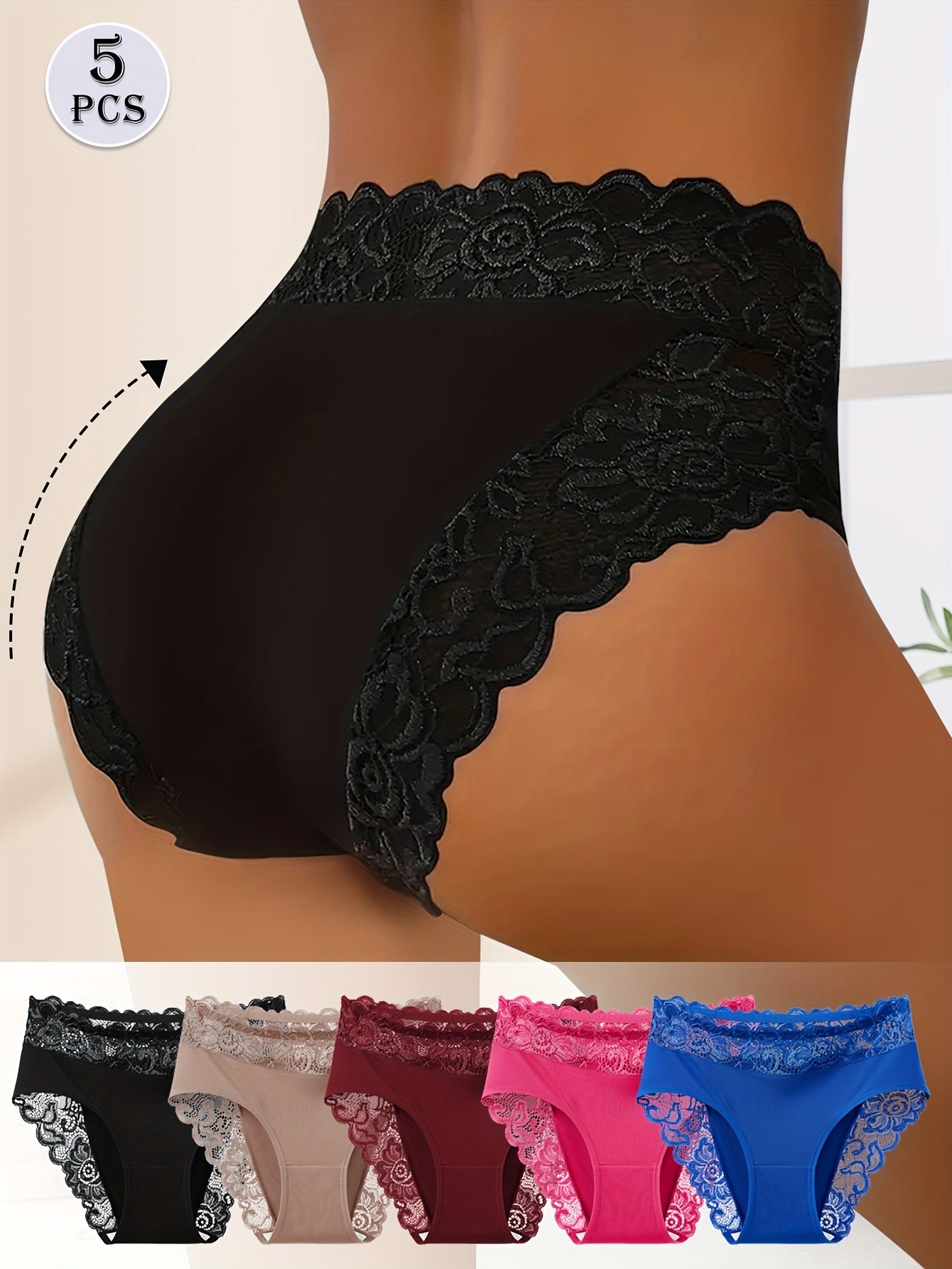 5pcs Women's Floral Lace Design Triangle Panties - Elegant, Breathable Mid-Rise Underwear with Geometric Patterns, Comfortable & Stylish for Casual Attire, Romantic Holidays, and Special Occasions