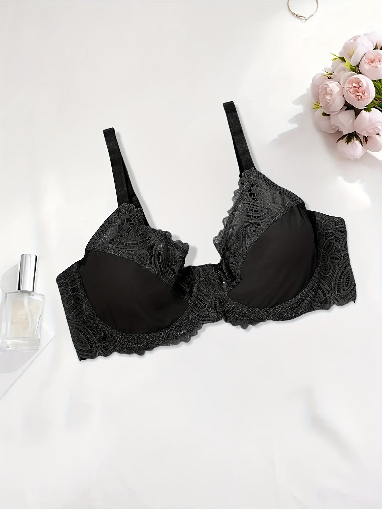 4pcs Plus Size Elegant Full Cover Underwire Lace Bra, Comfortable Fit, Breathable, Adjustable Straps Soft Stretch Fabric for All-Day Comfort- Perfect for Casual Attire, Plus Size Underwire Lightly Padded Bra, Women Bras for W