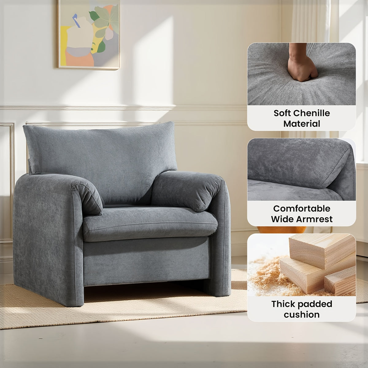 1pc/2pcs - Modern Upholstered Armchair & Removable Cushion, Oversized Accent Chair with Pillows, Leisure Comfy Single Sofa Chair for Indoor, Living Room, Bedroom, Home, Office - Space-Saving Design, Sofa Chair for Living Room
