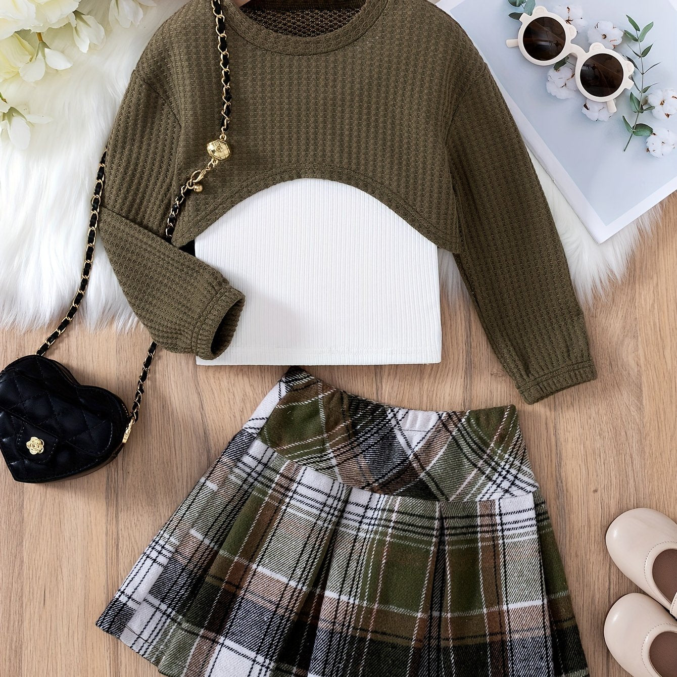 Targeted 3pcs Girls' Fashion Cropped Long Sleeve Pullover + Ribbed Vest + Fleece Plaid Pleated Skirt Set Suitable for Outdoor Daily Wear and Entertainment Autumn Winter, Perfect for Outdoor