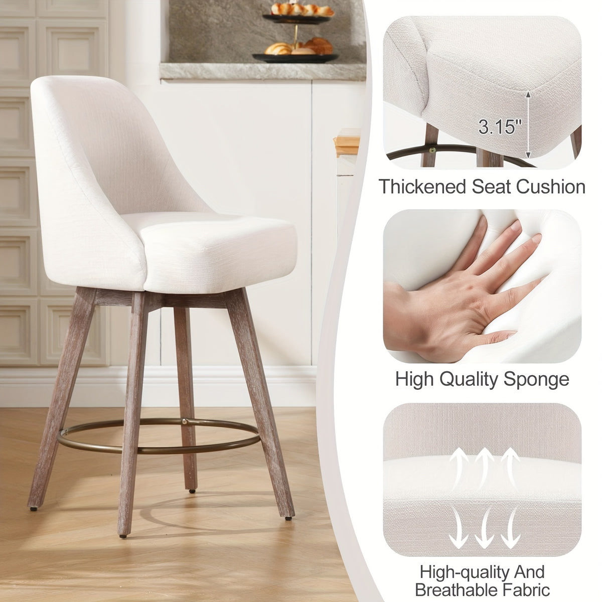 Modern Mid-Century Swivel Counter Height Bar Stools, Set of 3 with Backs, Linen Fabric Upholstered & Sturdy Wood Legs, 360° Swivel Base, 26" Seat Height, Easy Assembly, for Home Bar Dining or Modern Kitchen, Durable H