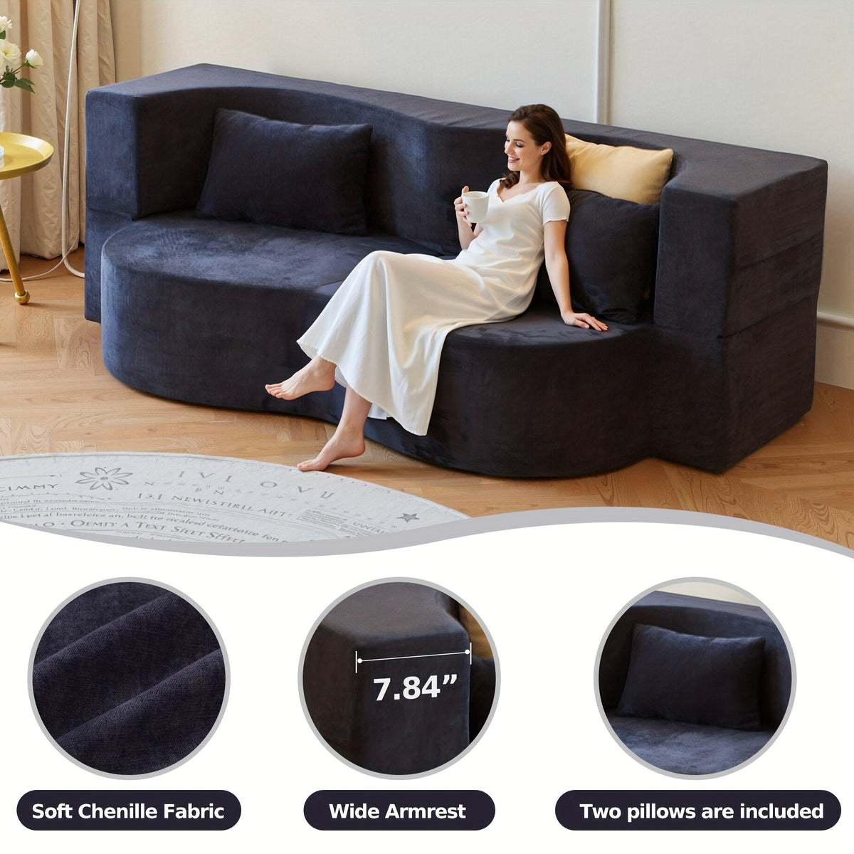 No Assembly Required Convertible Folding Sofa Bed with Memory Foam Cushions & Pillow - Queen Sleeper Sofa, Space-Saving Modern Loveseat Couch for Small Apartments, Living Room, Guest Room - Easy Foldable Design in Orange