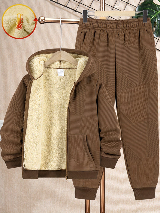 2pcs Solid Color Plus Velvet Warm Long-Sleeved Hooded Jacket + Warm Casual Trousers Set. A Must-Have Outdoor Suit for Autumn And Winter. The Comfortable Fabric Is Machine Washable/Casual And Comfortable/ Is Versatile. It Is V