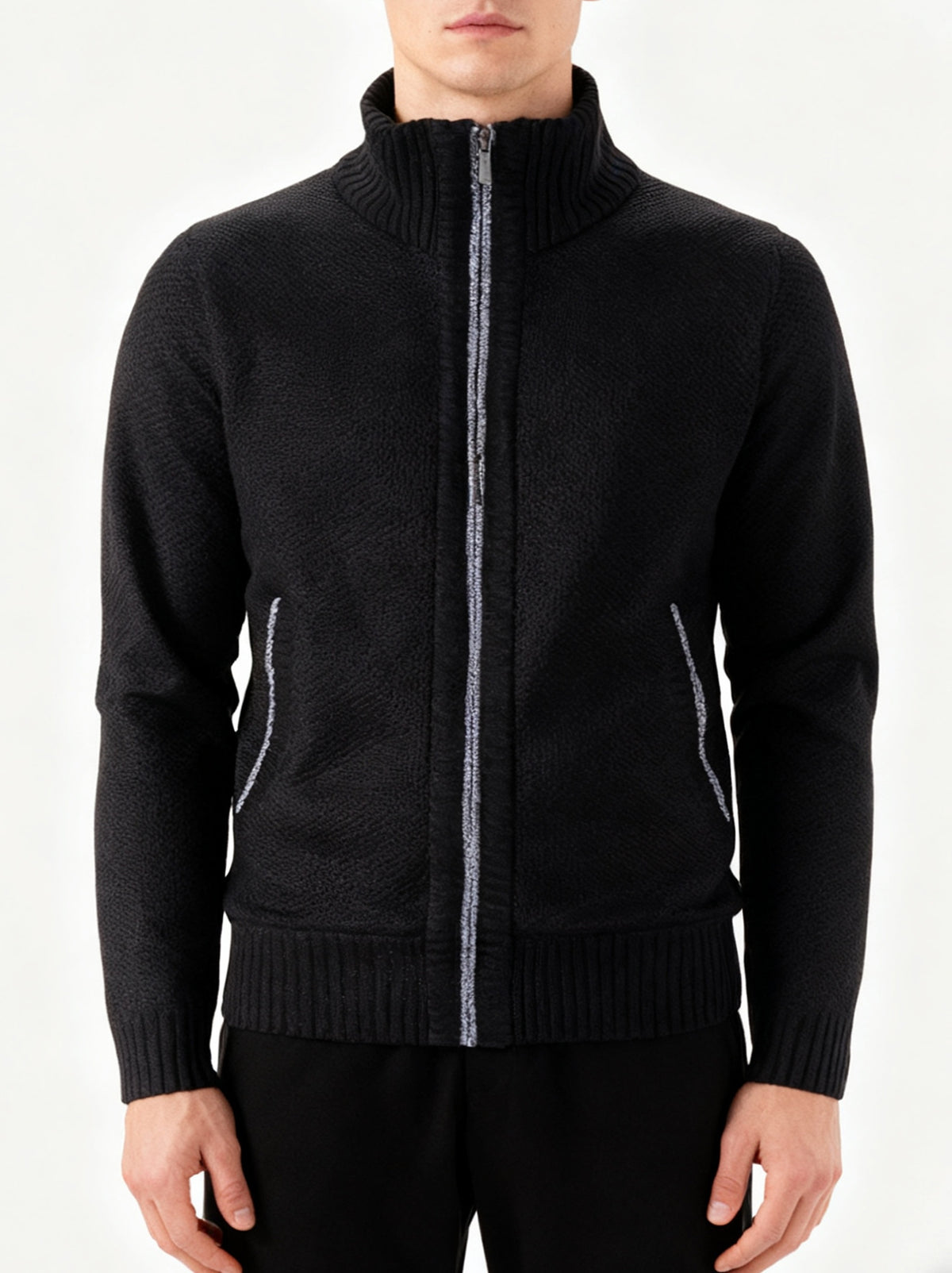 3pcs Set Men'S Fleece-Lined Knit Jacket with Polar Fleece Lining, Golf Collar & Zippered Front - Slim Stand Collar, Warm Winter & Autumn Coat, Casual to Semi-Formal Outerwear in /Dark Grey/Navy - Versatile Layering for Office