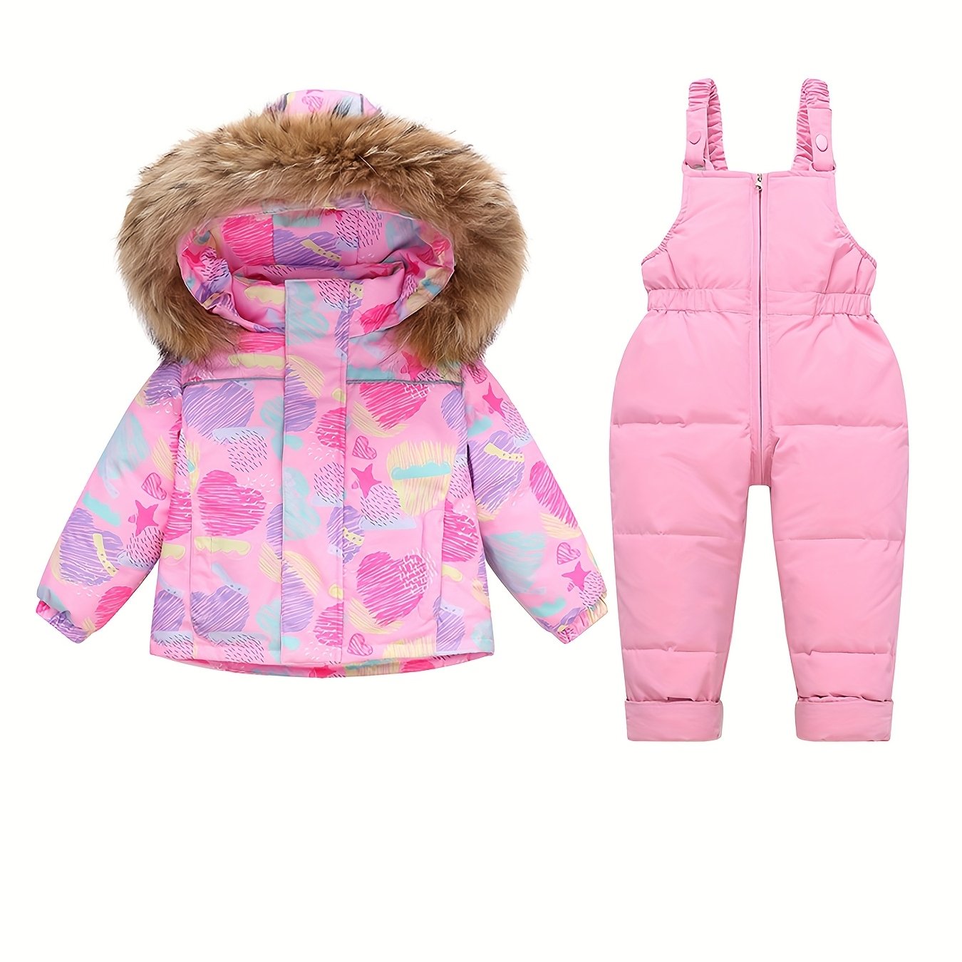 [Winter Ski Suit Set] 2025 Girls' 2pcs Winter Ski Suit Overalls Set - Floral Print Hooded Jacket & Full-Zip Snowsuit with Padded Waist, Soft Warm Long Sleeve Outwear for Skiing, Snowboarding & Outdoor Play | Cozy Casual Winte