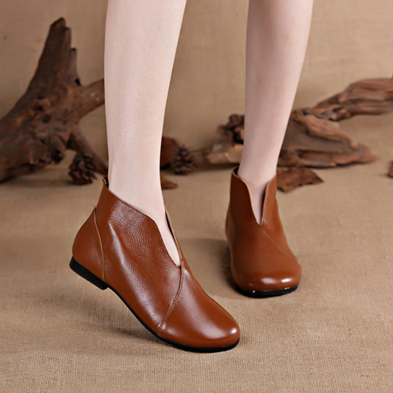 Women'S Genuine Leather Ankle Boots - Slip-Resistant Thick Sole Low Block Heel, Round Toe Soft Lining & Cushioned Insole, Forest-Style Casual to Semi-Formal Brown Booties, Easy Slip-On Design for Casual Attire & Light Work, D