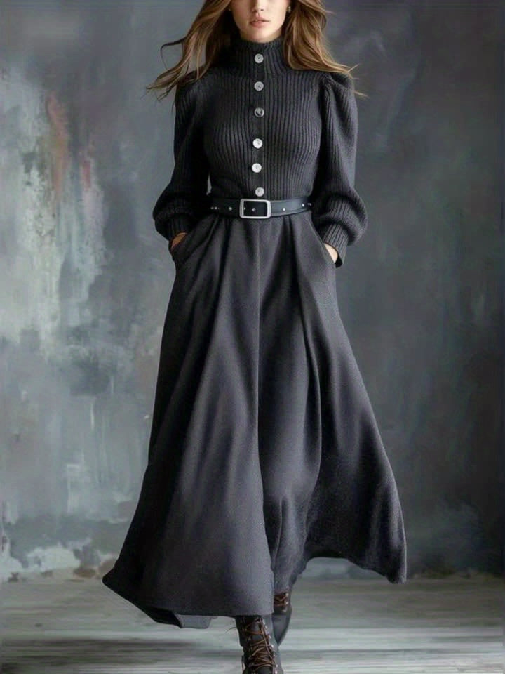 KIMKING Women's Dark Gray Dress - Elegant A-Line Long Sleeve Turtleneck Winter Dress with Cinched Waist, Single-Breasted Button Front, Long Train (-Length) for Weddings, Parties & Formal Events - Warm Winter Outfit