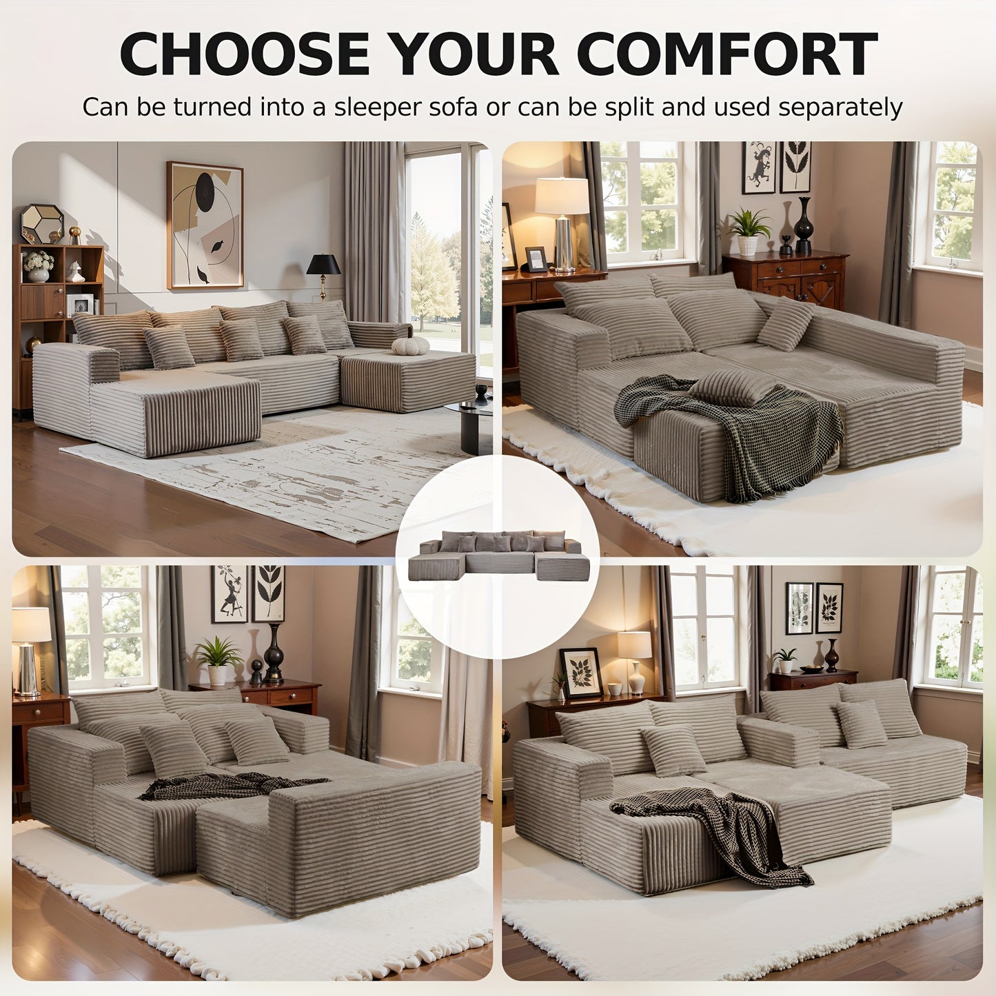 134''U-Shaped Modular Sectional Sofa with Chaise Lounge - No Assembly Required, Memory Foam Cushioning & Corduroy-like Fabric, Convertible Sleeper Sofa Bed, Contemporary Cloud Boneless Design for Game Room, Living Room, for h