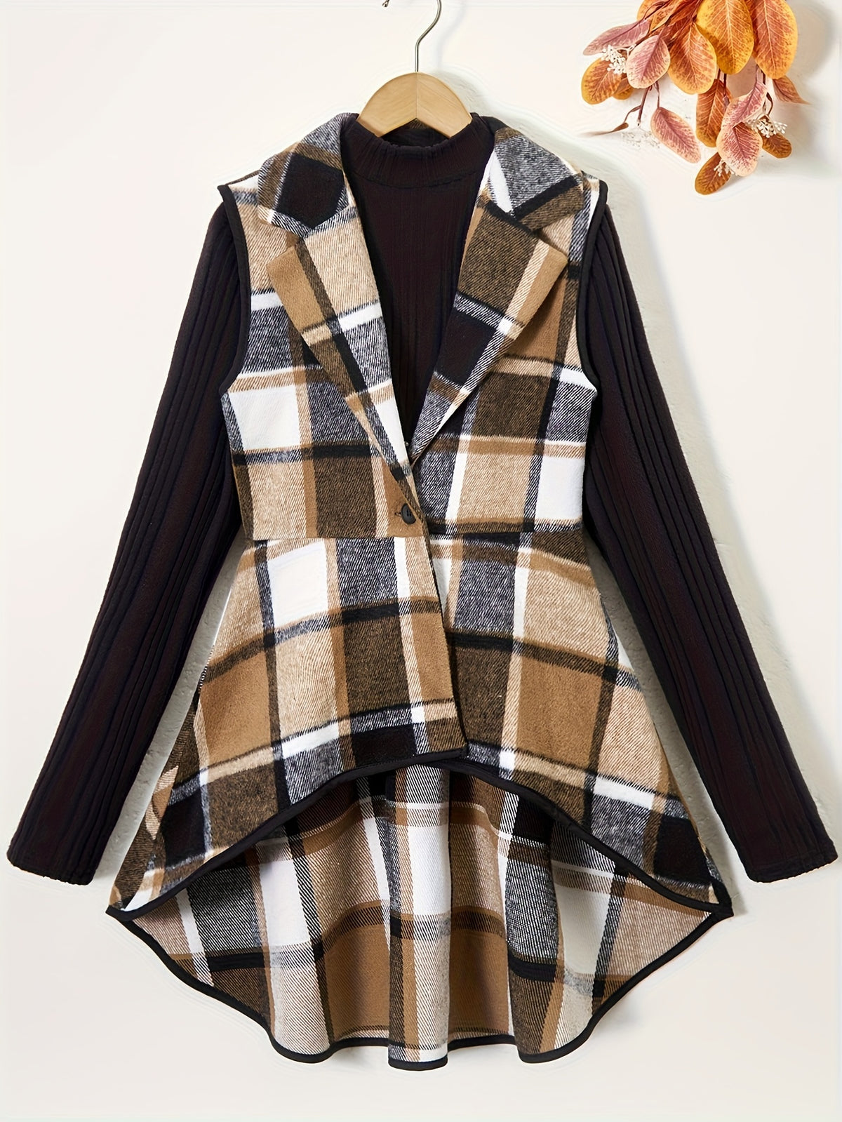 Teen Girl Tweed Vest Coat + Base Layer Shirt Casual 2pcs Set, Outerwear is a Windbreaker-Style Jacket and the Bottom Piece is an Under-Layer, Perfect for, for Teenager, Casual Attire, Winter Outfit, Tweed Jacket, Buttonup Coa