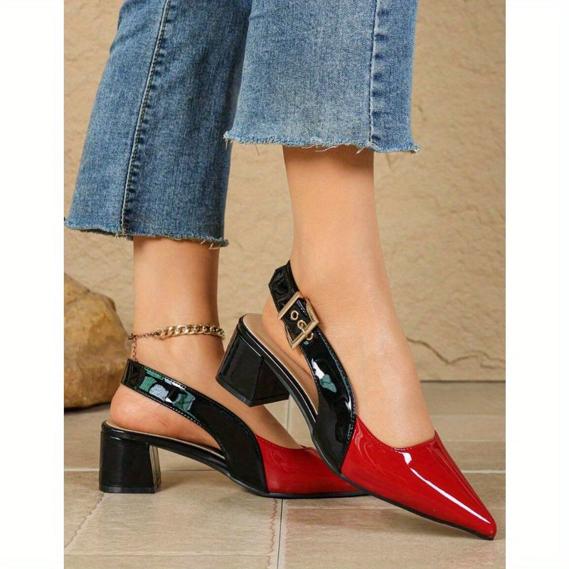 Women'S Red Glossy PU Cover High-Heeled Shoes with Anti-Slip Soft Sole & Breathable Design - Pointed Toe, Comfortable Cushioned Insole, Versatile All-Season Dress Shoes for Work, Parties, Casual Attire - Durable Rubber Outsol