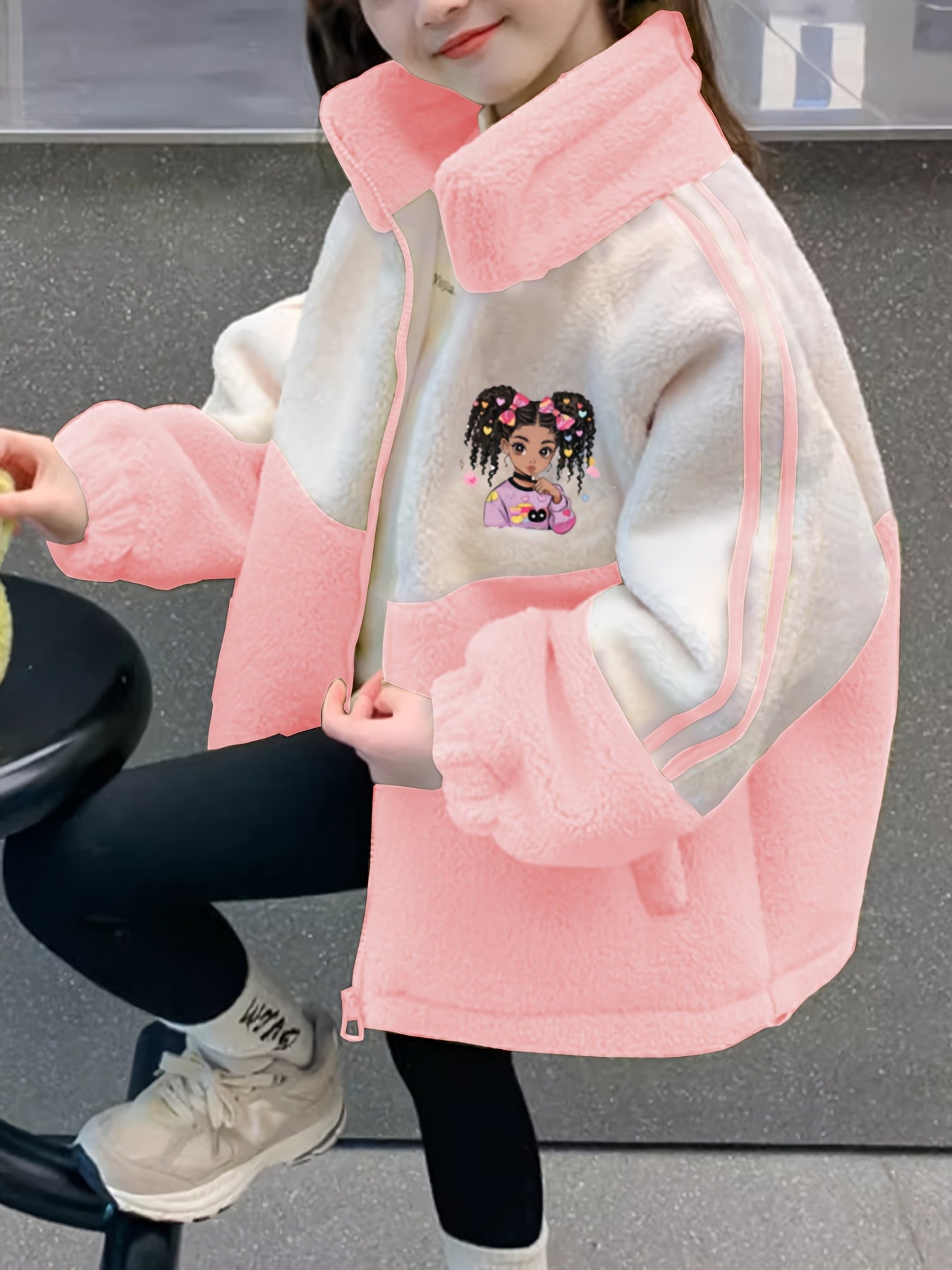 Girls' Winter Coat with Heart & Bunny Face - Soft Fleece-Lined Zipper Front, Loose Fit Long Sleeve Outerwear, Cute Cartoon Character Design for Halloween & Everyday