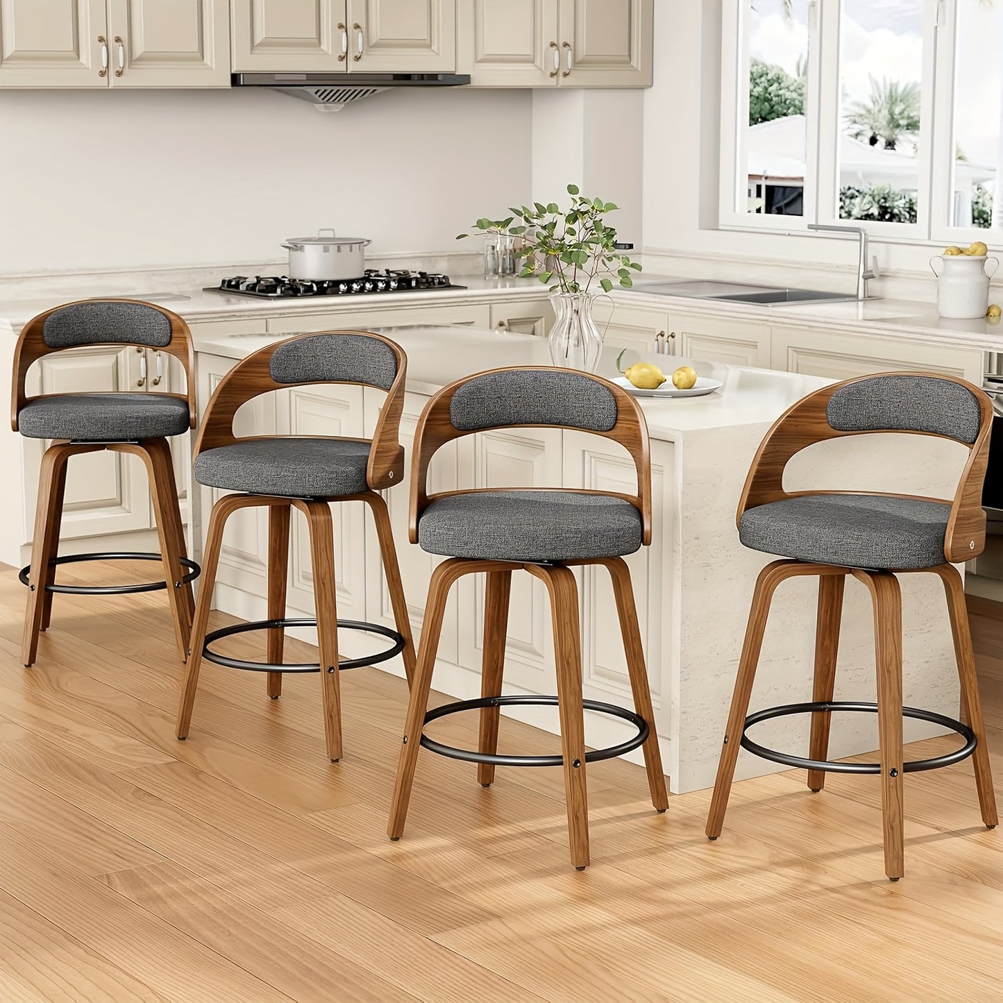 3/4pcs Modern Upholstered Bar Chair Set, 26" Counter-Height Stools With Thick Soft Cushion, Ergonomic Back Support, Solid Wood Legs & Footrest For Kitchen Island