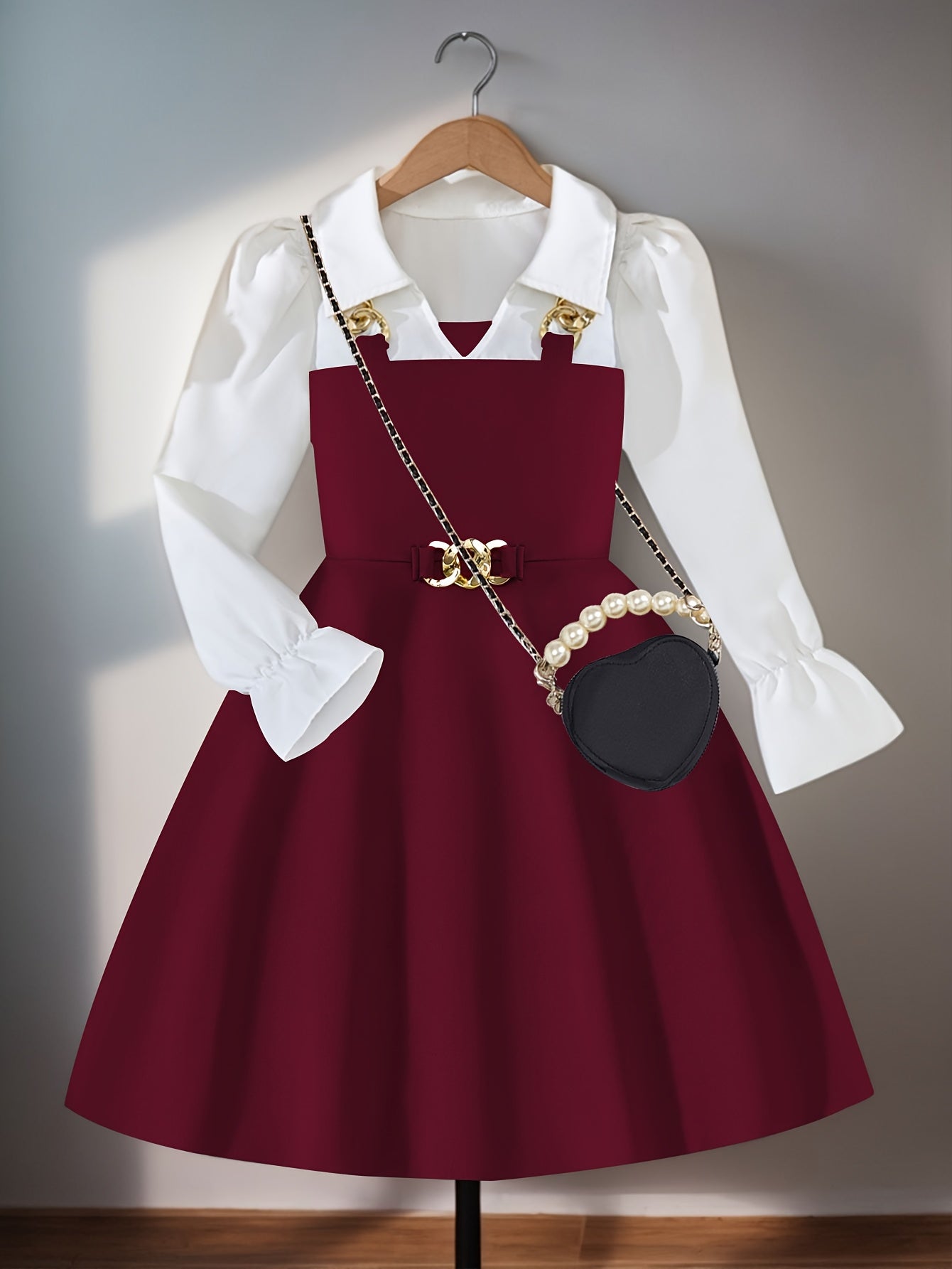 Girls' Elegant Long Sleeve Dress, Golden Chain Collar & Bell Skirt A-Line Party & Everyday Dress, Machine Washable Durable Fabric, Sturdy Construction Highquality Material, for School Christmas Birthday Outfits Holiday Outfit